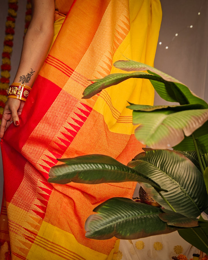 RangDhaaga Yellow & orange Saree with Temple Border