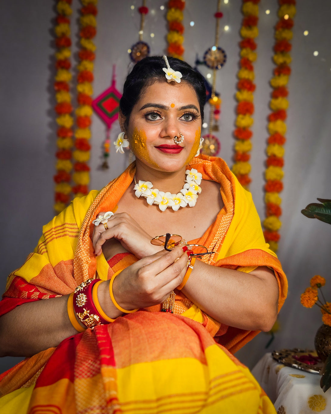 RangDhaaga Yellow & orange Saree with Temple Border