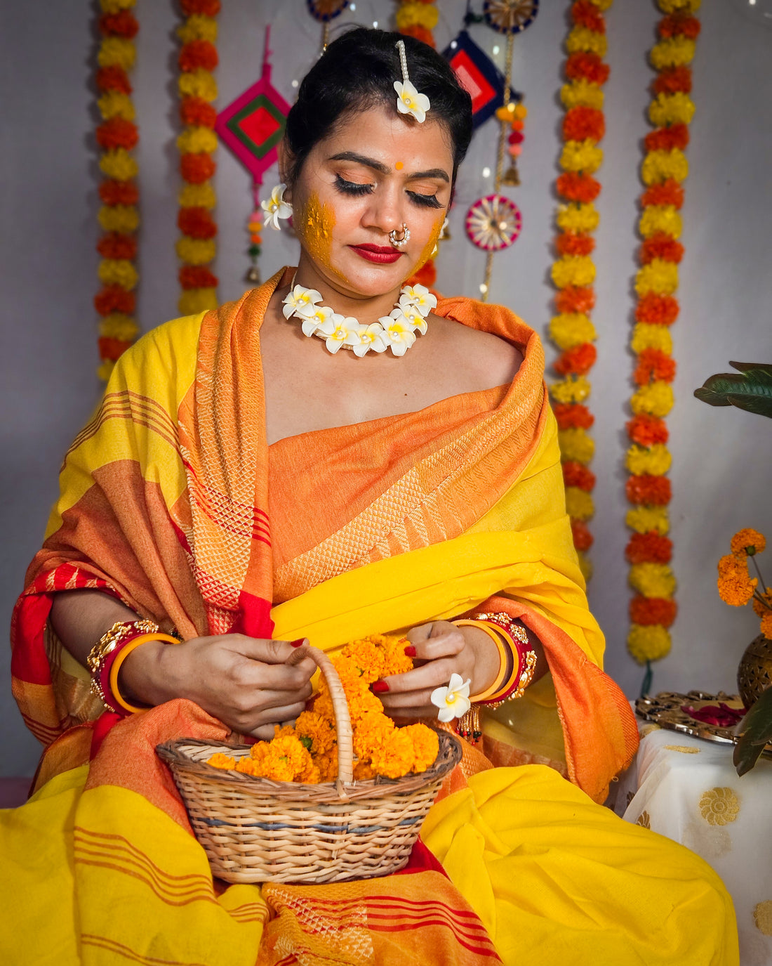 RangDhaaga Yellow & orange Saree with Temple Border