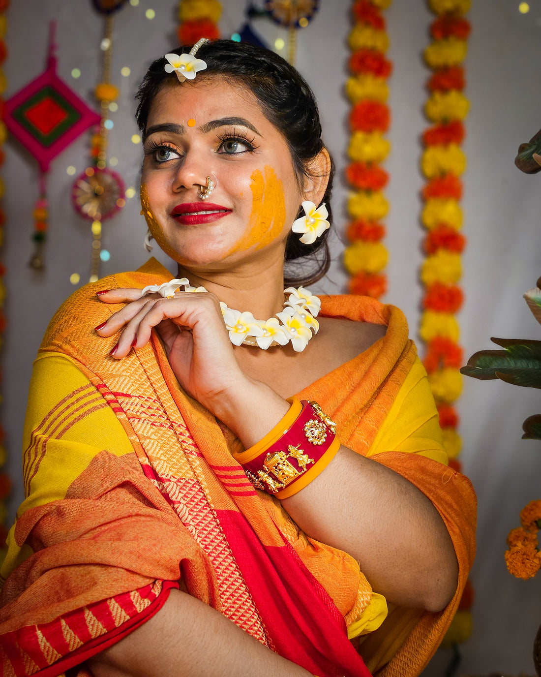 RangDhaaga Yellow & orange Saree with Temple Border