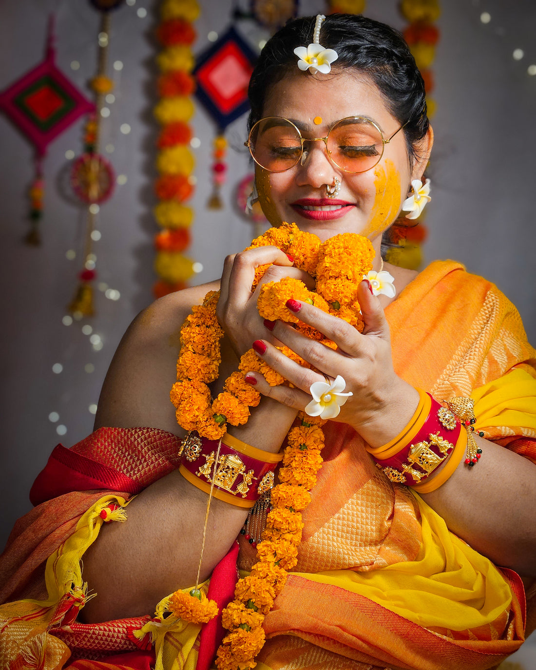 RangDhaaga Yellow & orange Saree with Temple Border