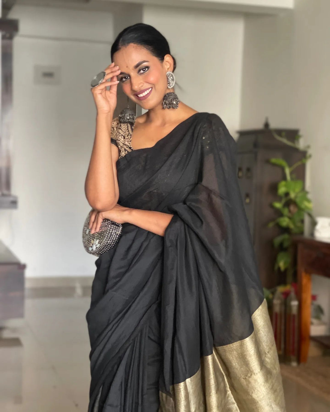 Rangdhaaga Black With Contrast Copper Pallu Khadi Saree