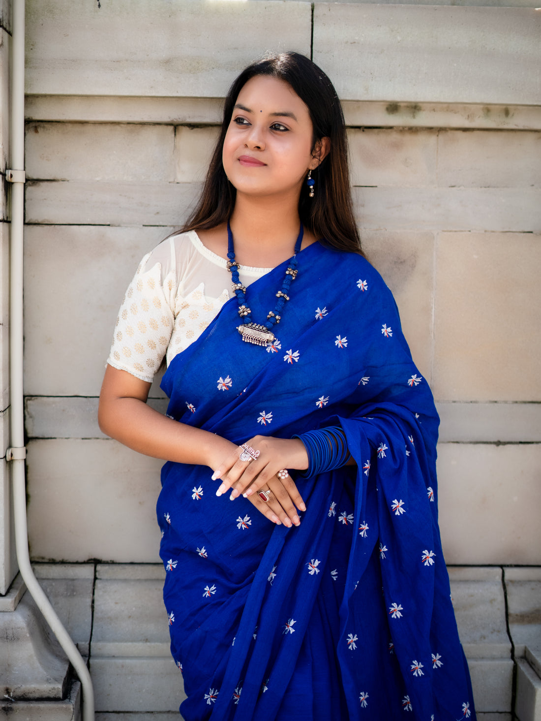 RangDhaaga Royal Blue Embroidery Cotton Saree