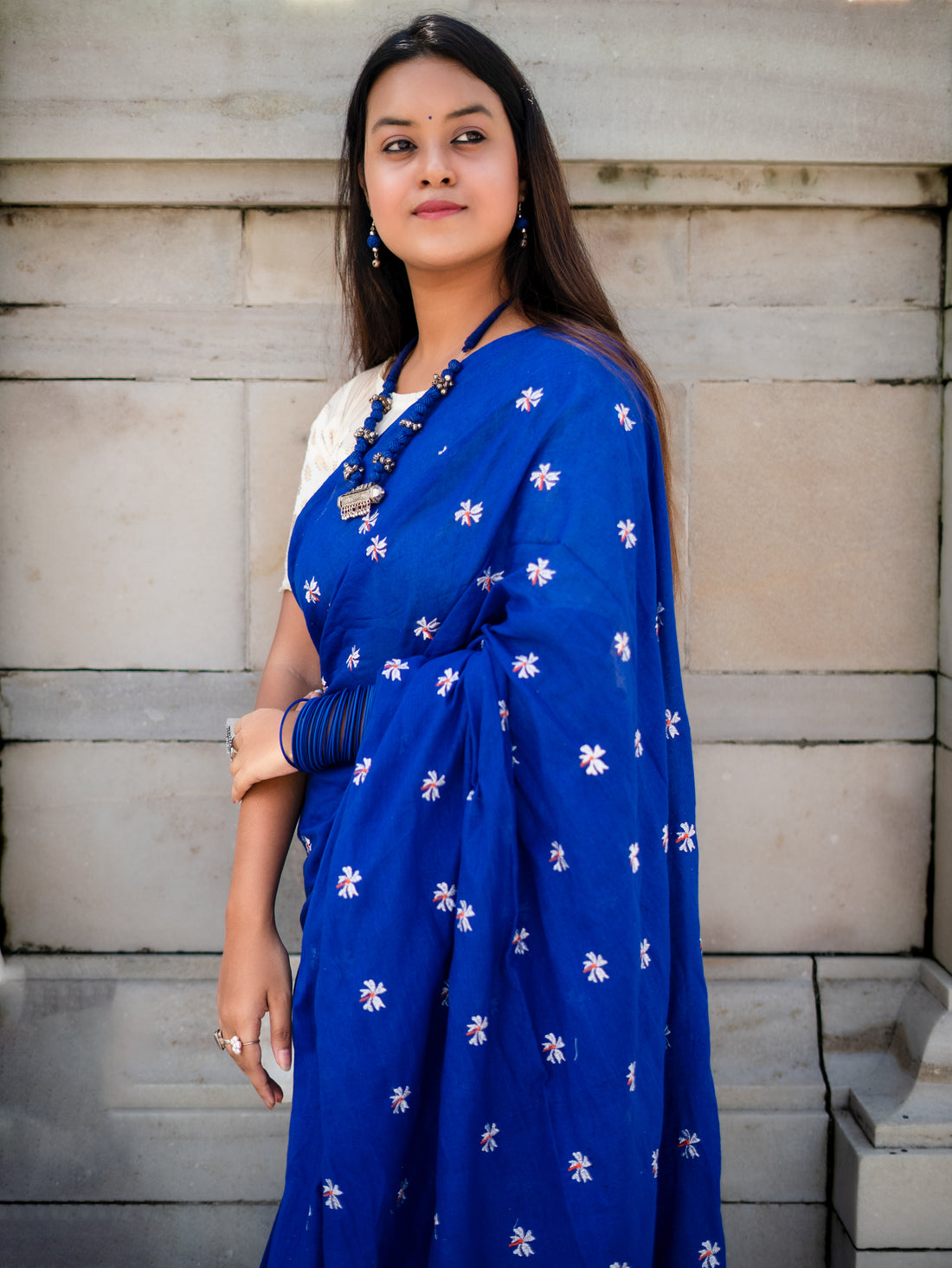 RangDhaaga Royal Blue Embroidery Cotton Saree