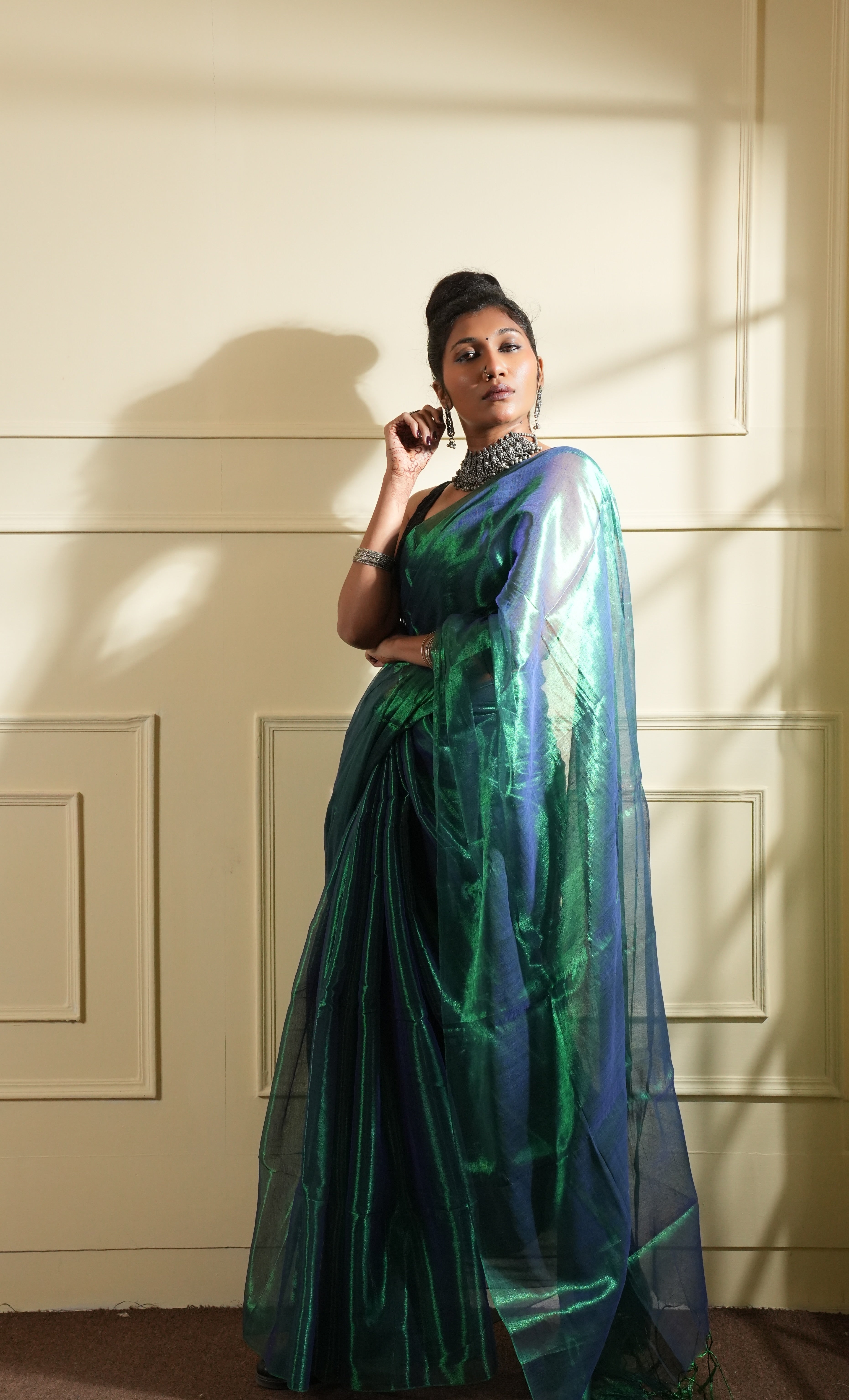 RangDhaaga Dark Green Raga Tissue Saree - By Shreya