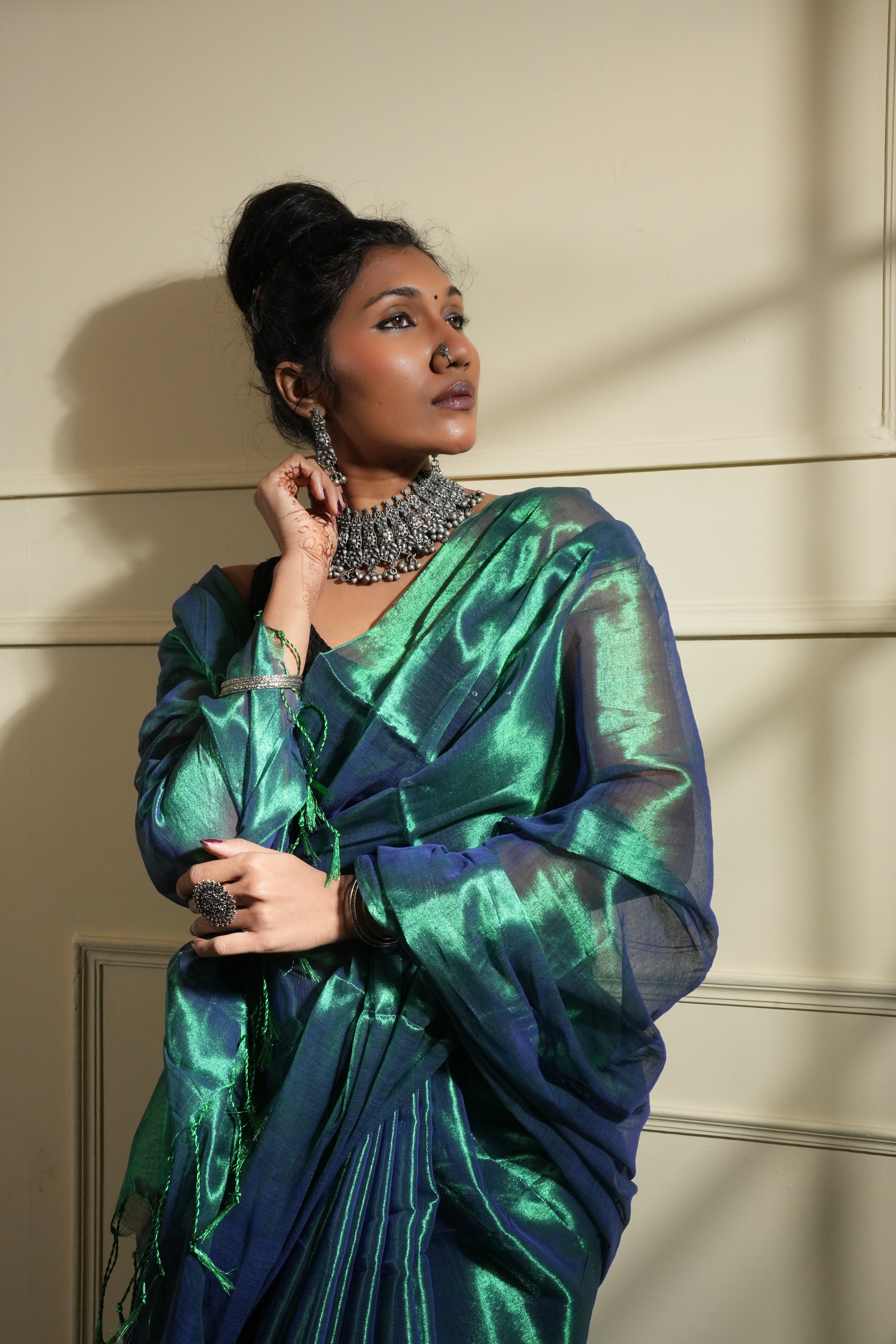 RangDhaaga Dark Green Raga Tissue Saree - By Shreya