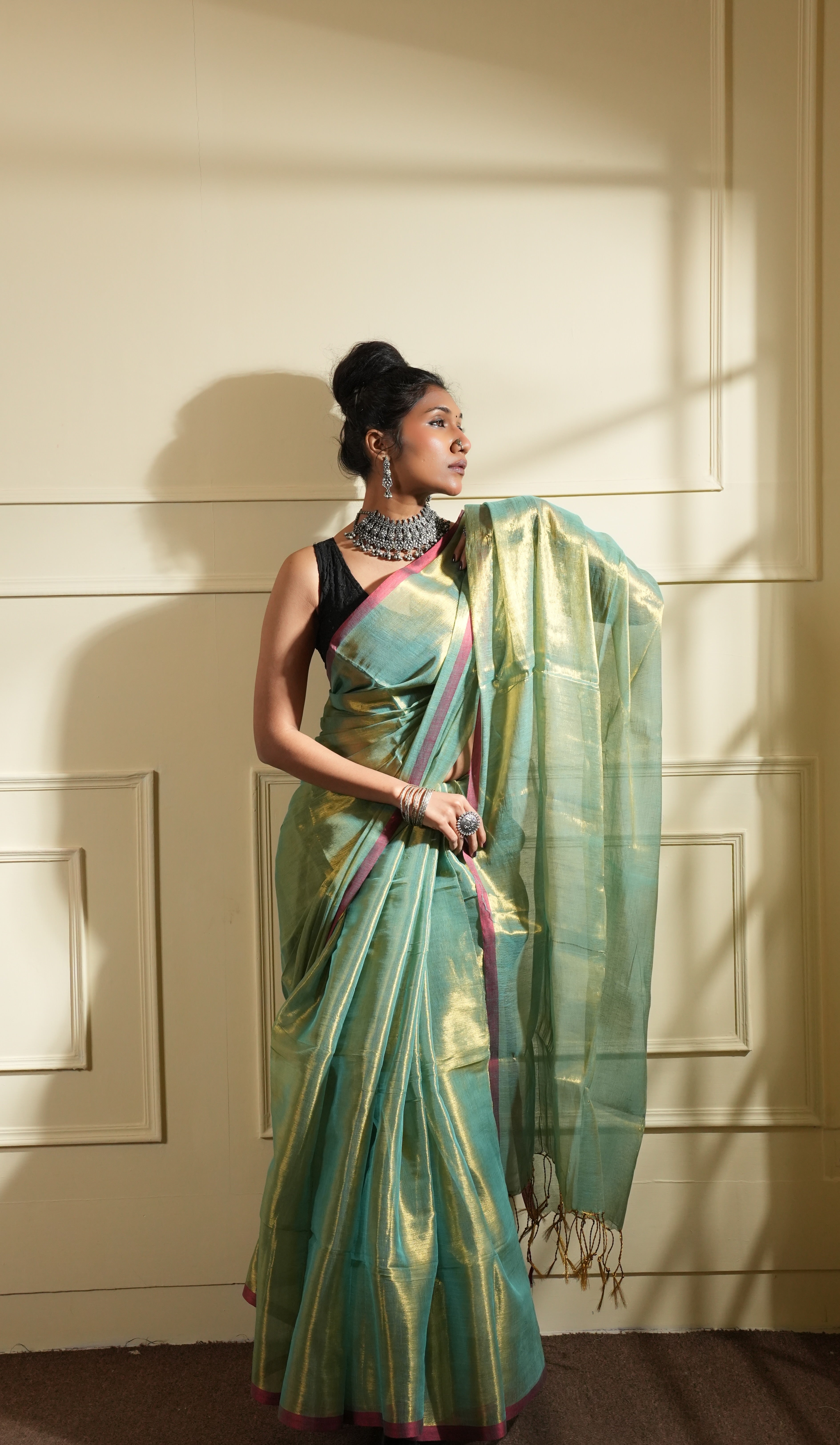 RangDhaaga Rama Green with Red Border Raga Tissue Saree - By Shreya