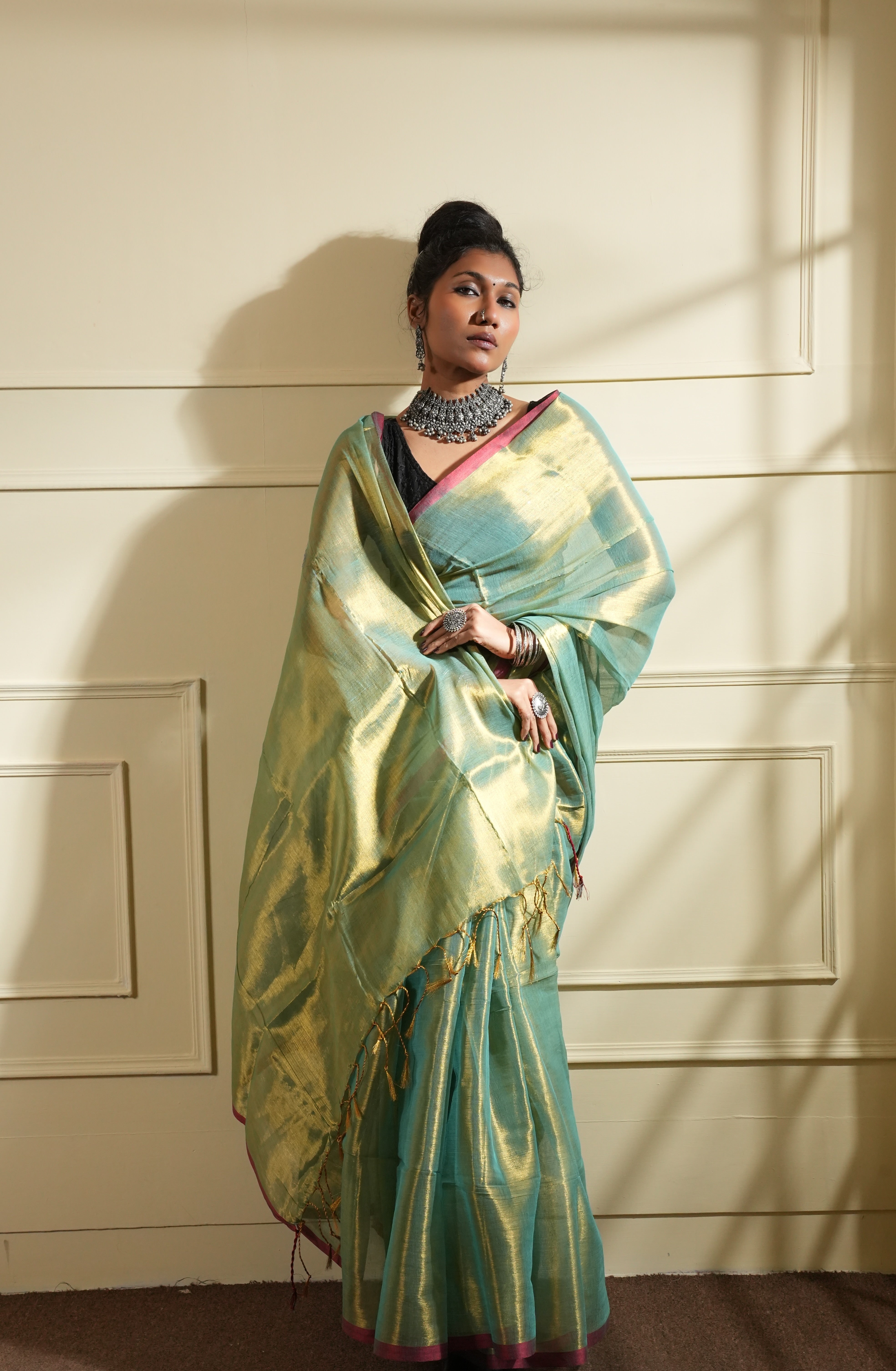 RangDhaaga Rama Green with Red Border Raga Tissue Saree - By Shreya