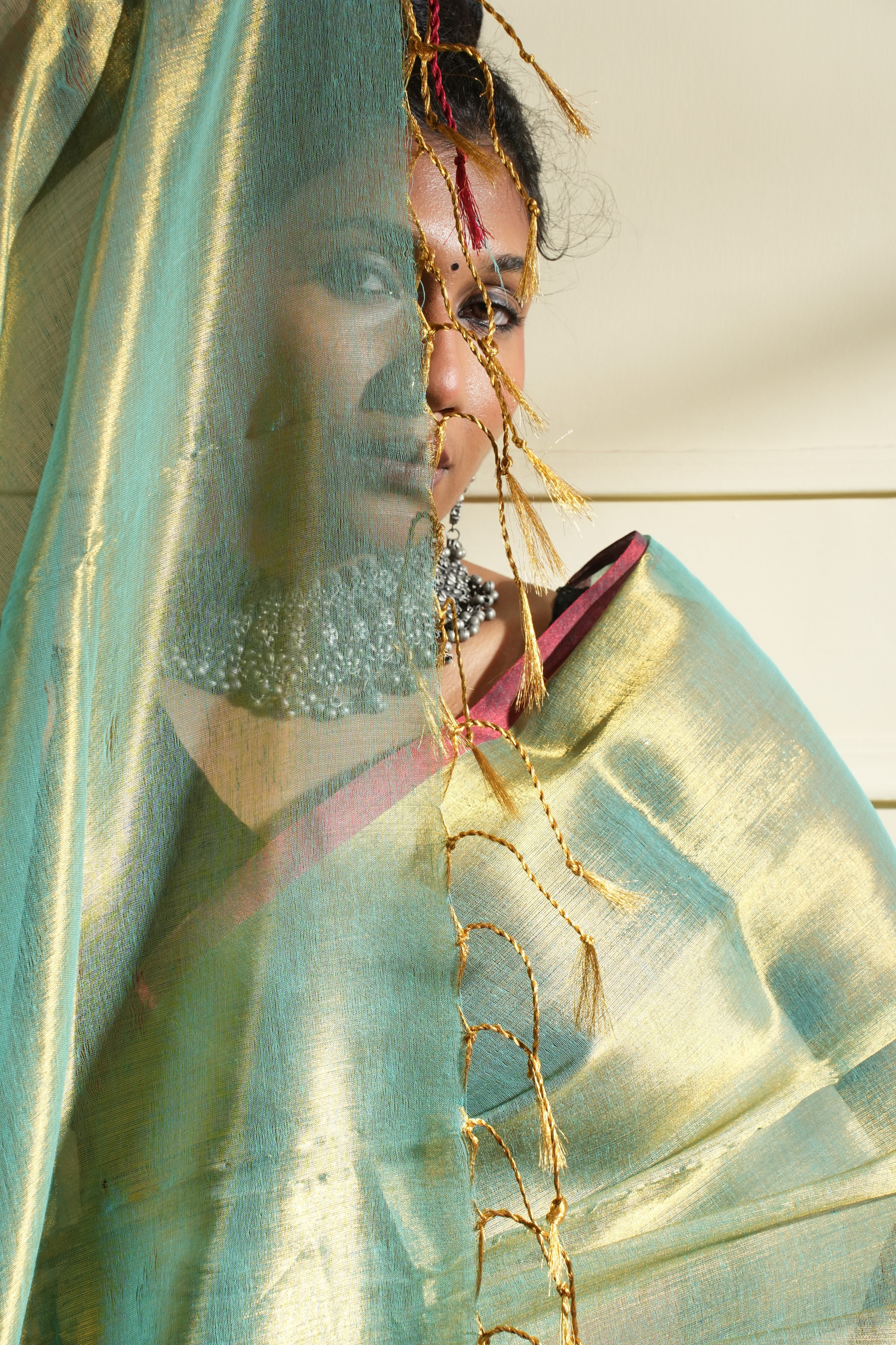 RangDhaaga Rama Green with Red Border Raga Tissue Saree - By Shreya