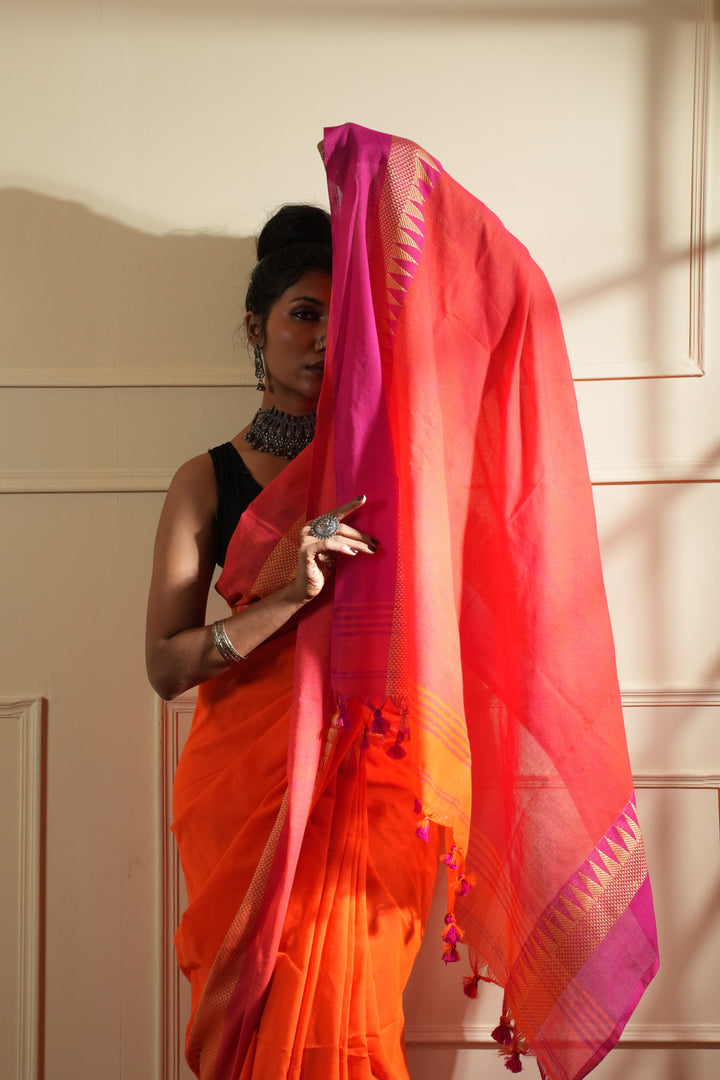 Rangdhaaga Orange With Light Orange Temple Border saree