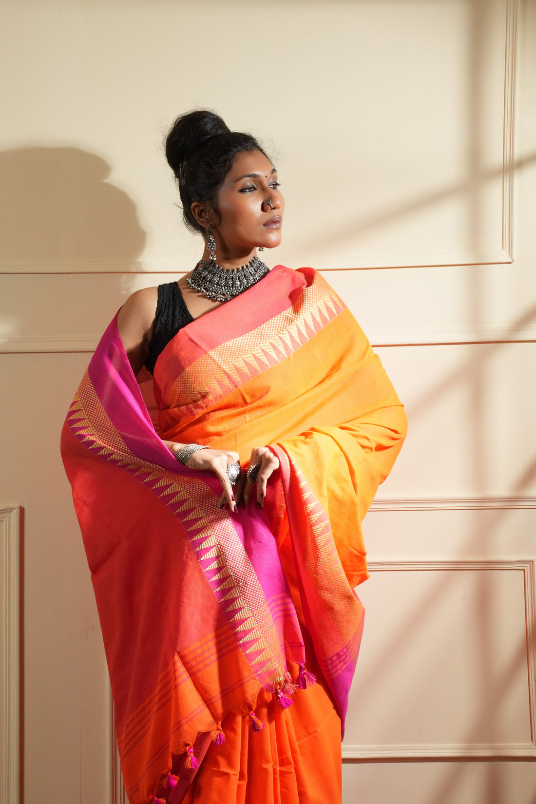 Rangdhaaga Orange With Light Orange Temple Border saree