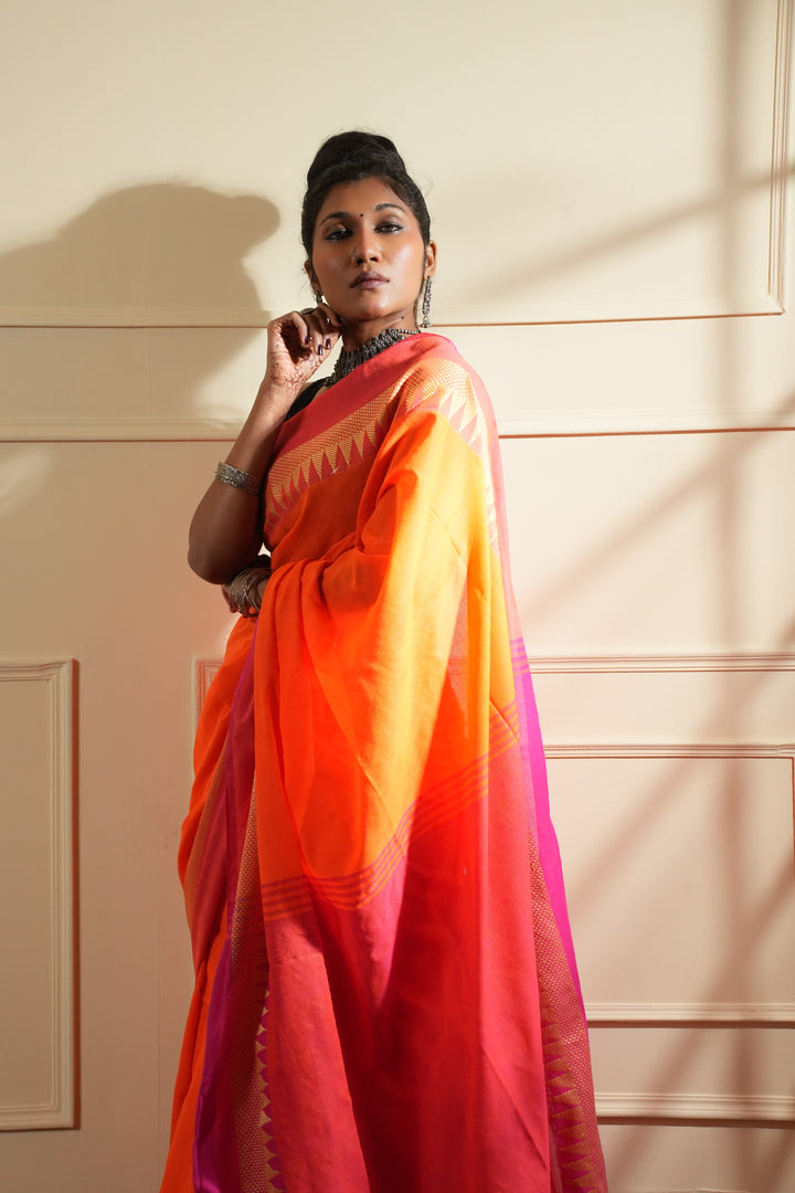 Rangdhaaga Orange With Light Orange Temple Border saree