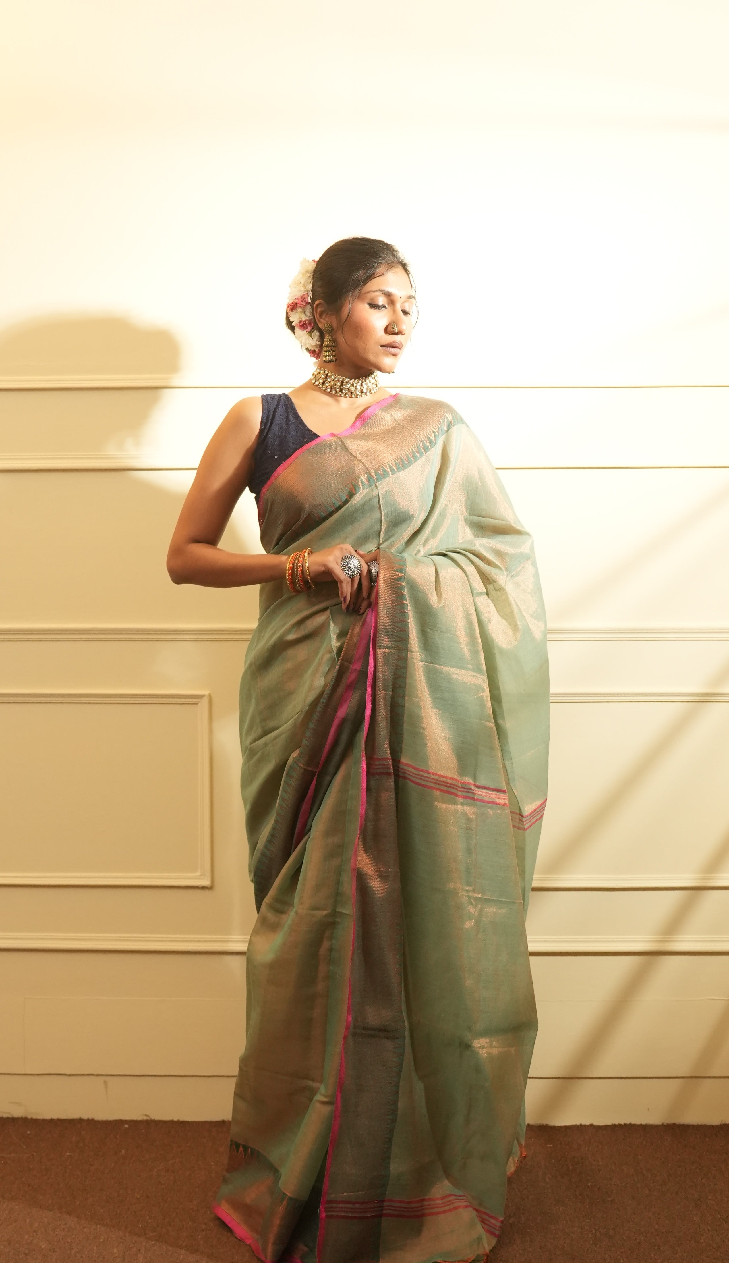 RangDhaaga Rama Green with Temple Border Tissue Saree - By Shreya