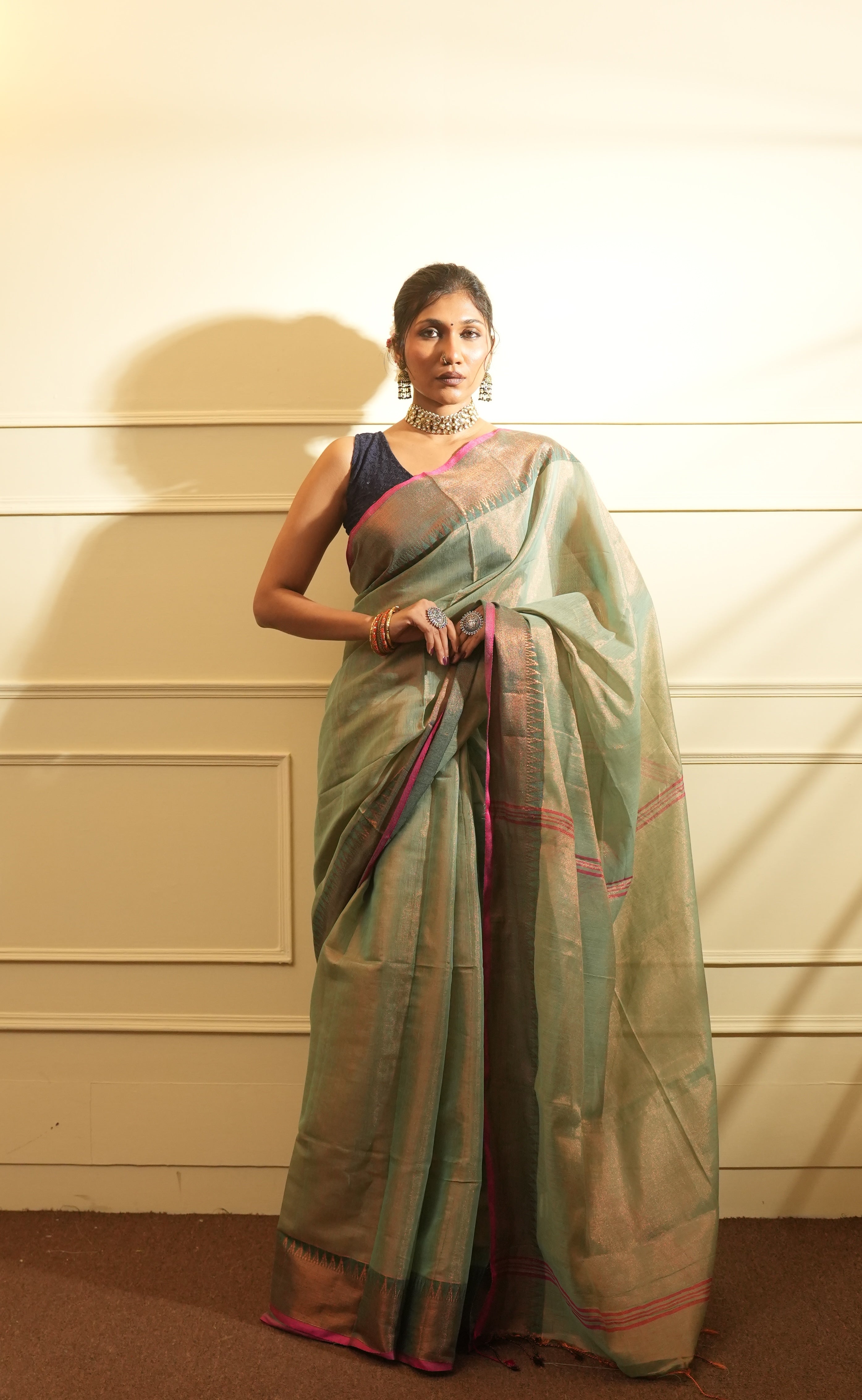RangDhaaga Rama Green with Temple Border Tissue Saree - By Shreya