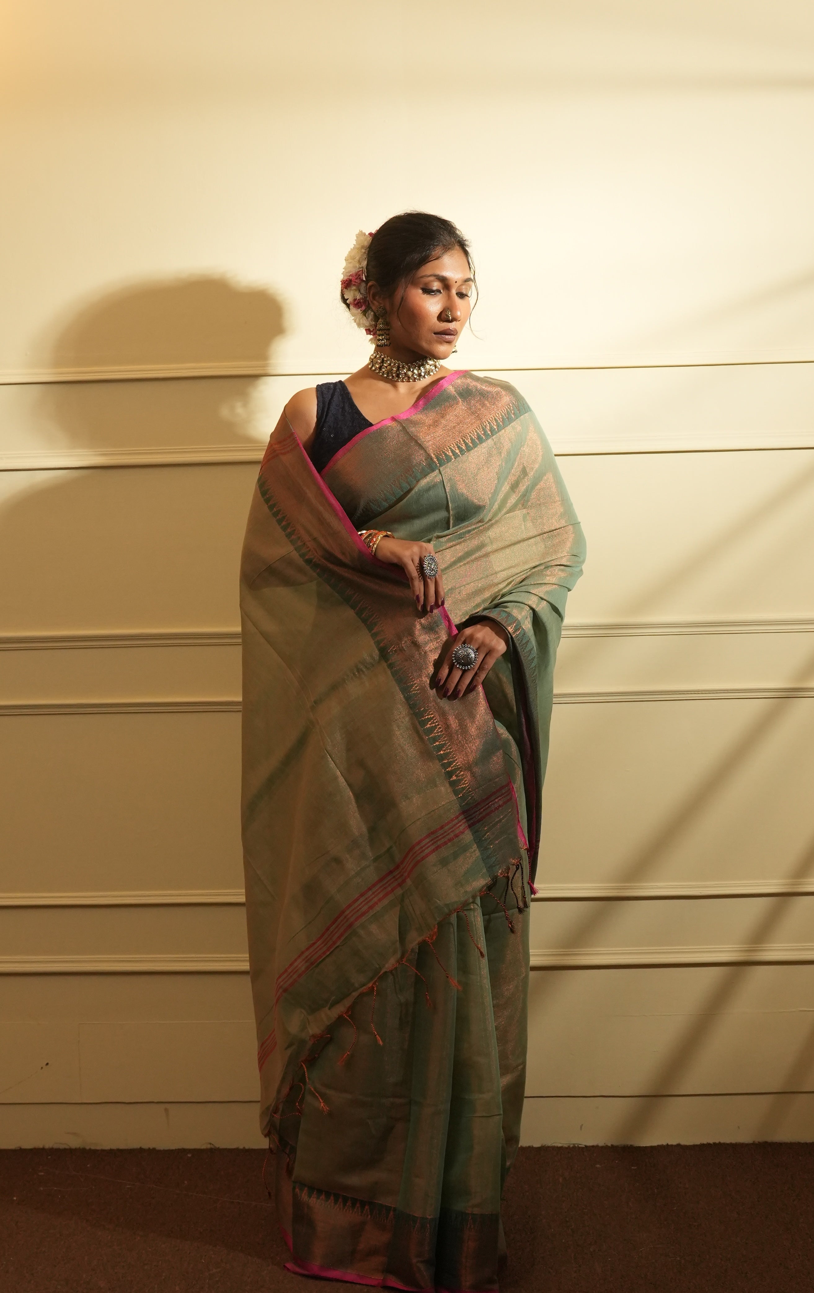 RangDhaaga Rama Green with Temple Border Tissue Saree - By Shreya