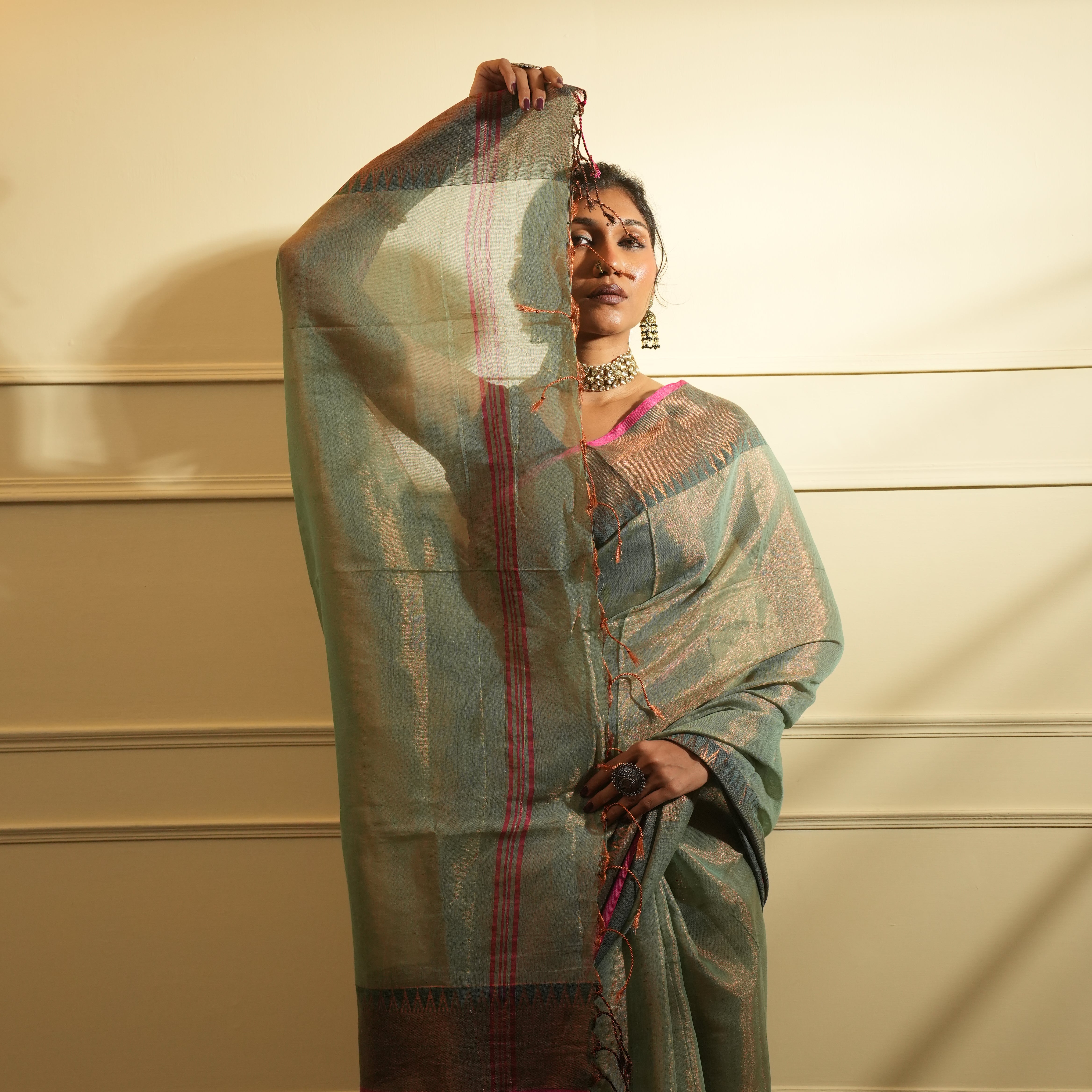 RangDhaaga Rama Green with Temple Border Tissue Saree - By Shreya