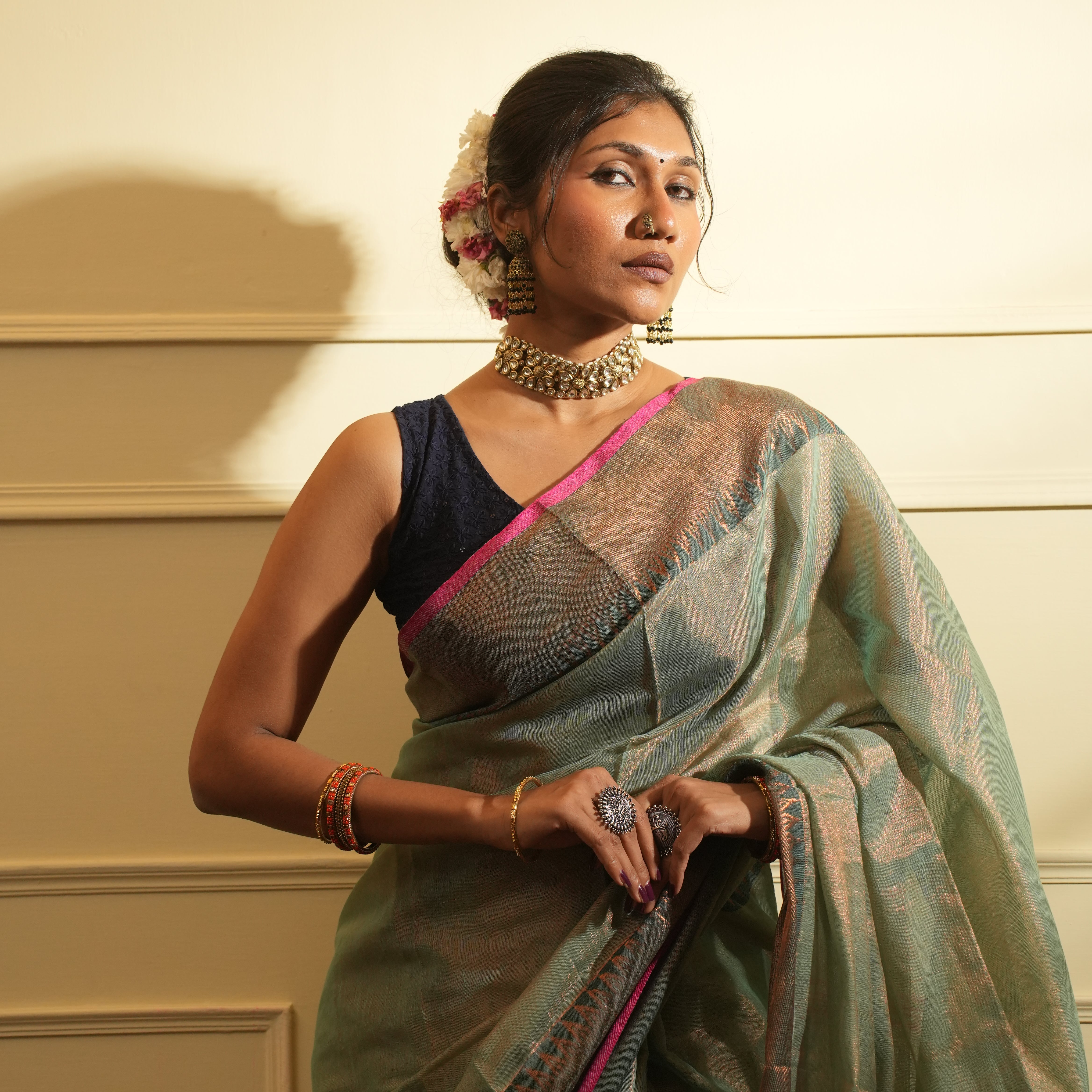 RangDhaaga Rama Green with Temple Border Tissue Saree - By Shreya
