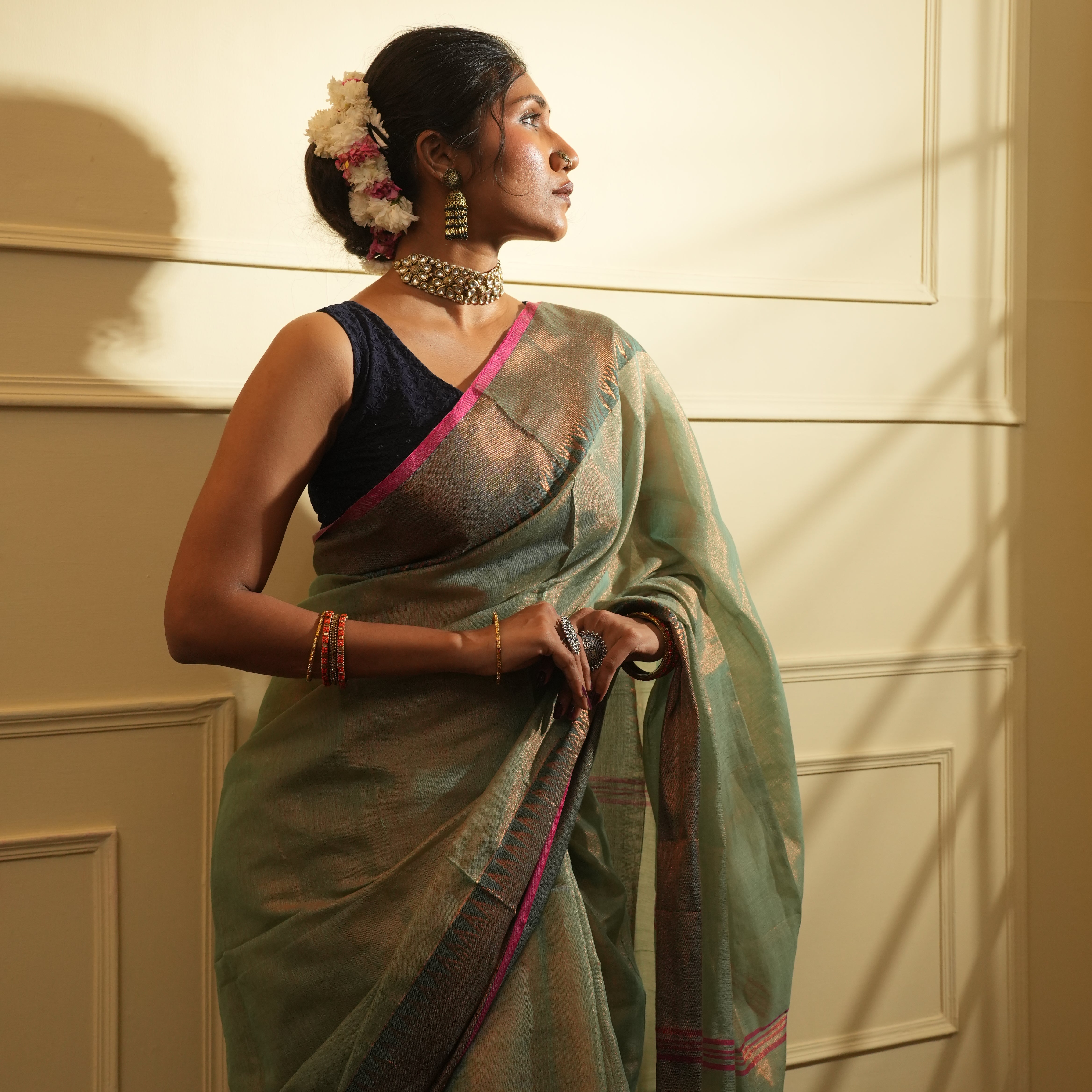 RangDhaaga Rama Green with Temple Border Tissue Saree - By Shreya