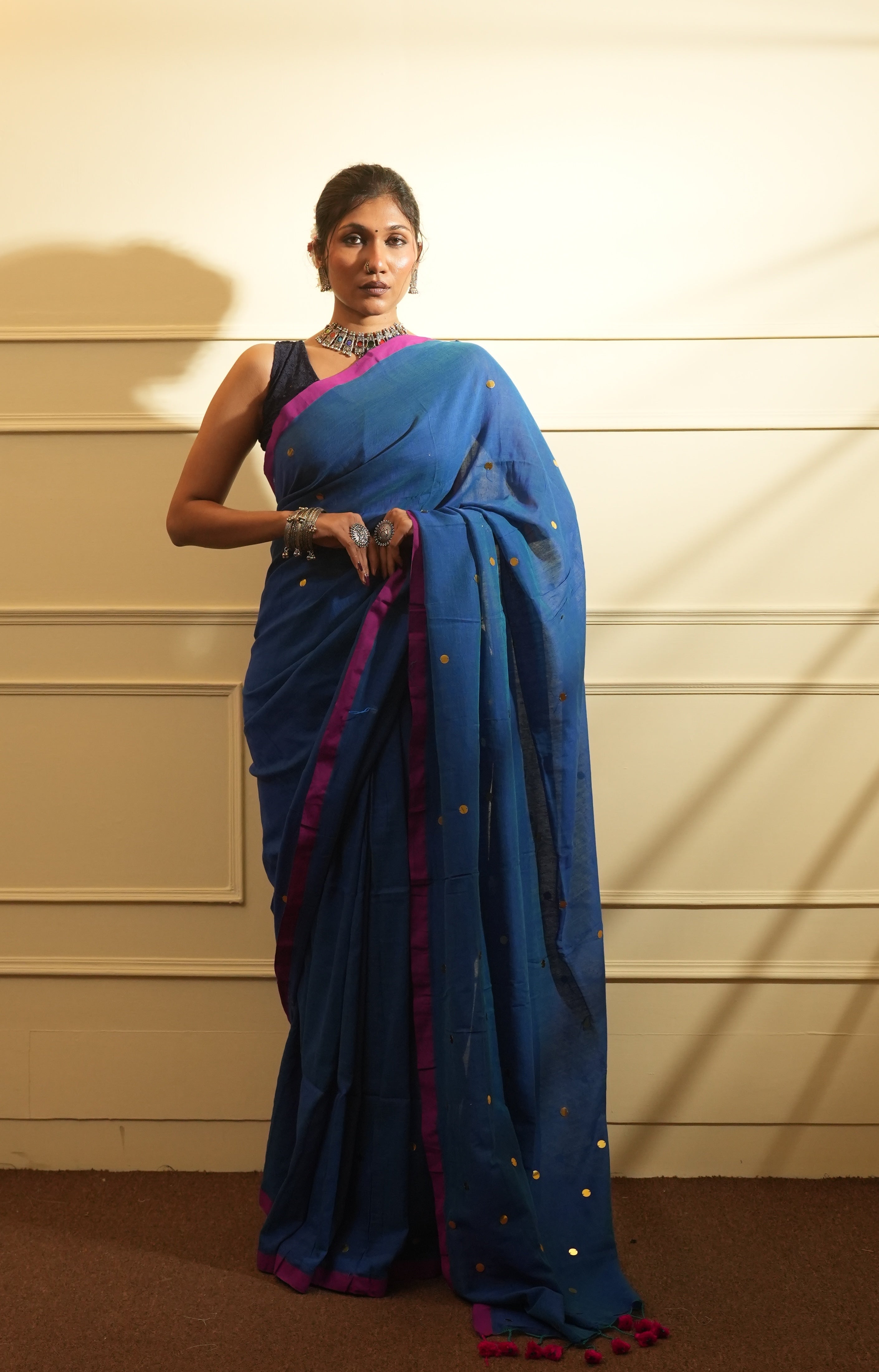 RangDhaaga Royal Blue with Pink Border Sequence Cotton Saree - By Shreya