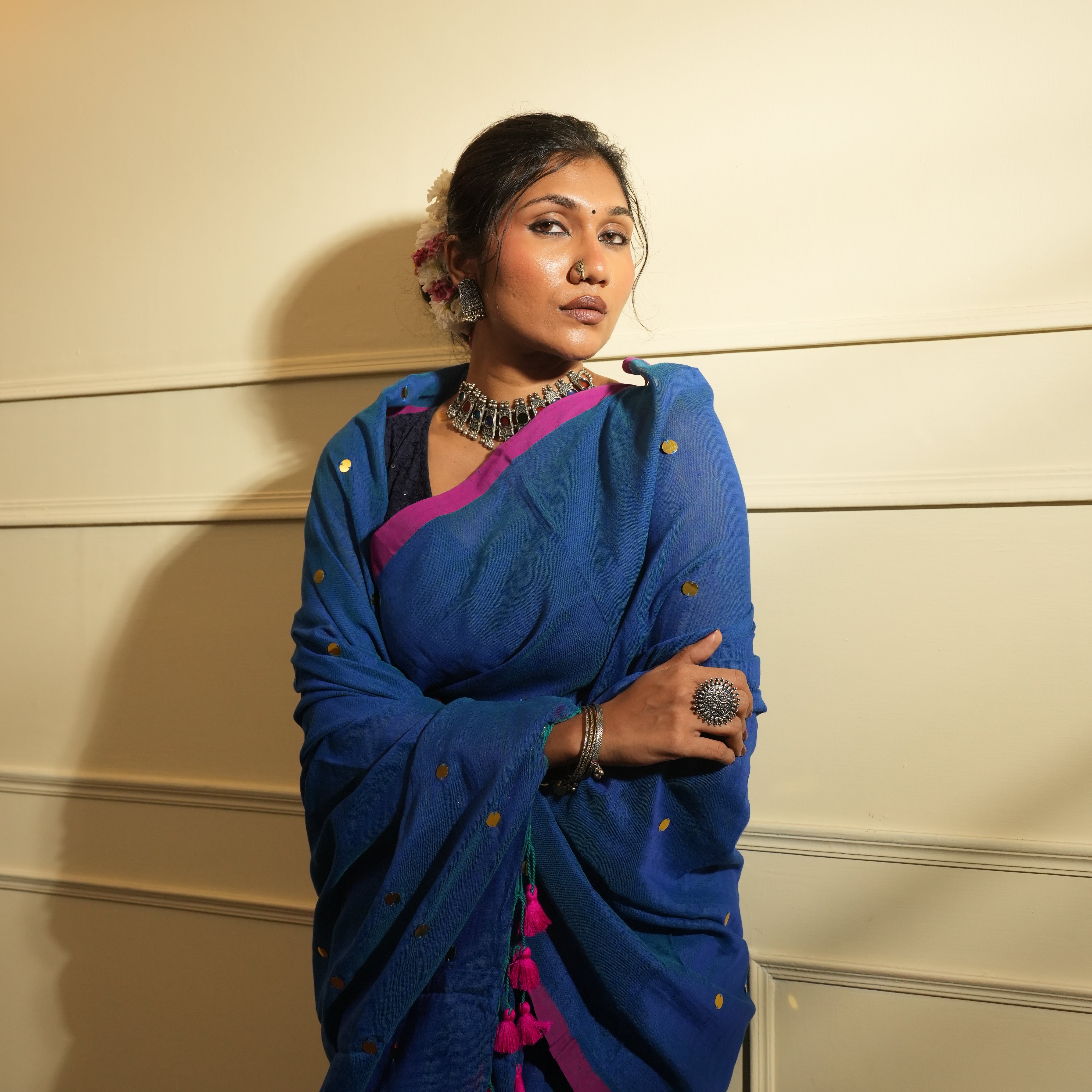 RangDhaaga Royal Blue with Pink Border Sequence Cotton Saree - By Shreya