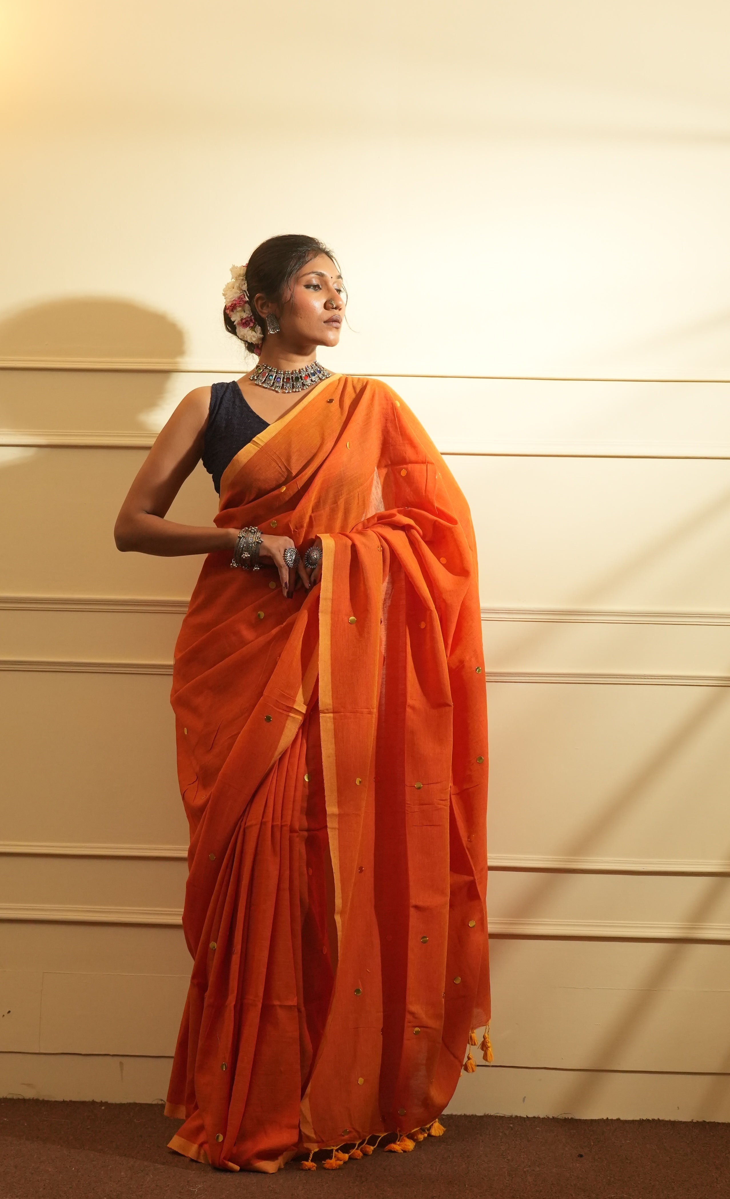 RangDhaaga Orange with Yellow Border Sequence Cotton Saree - By Shreya