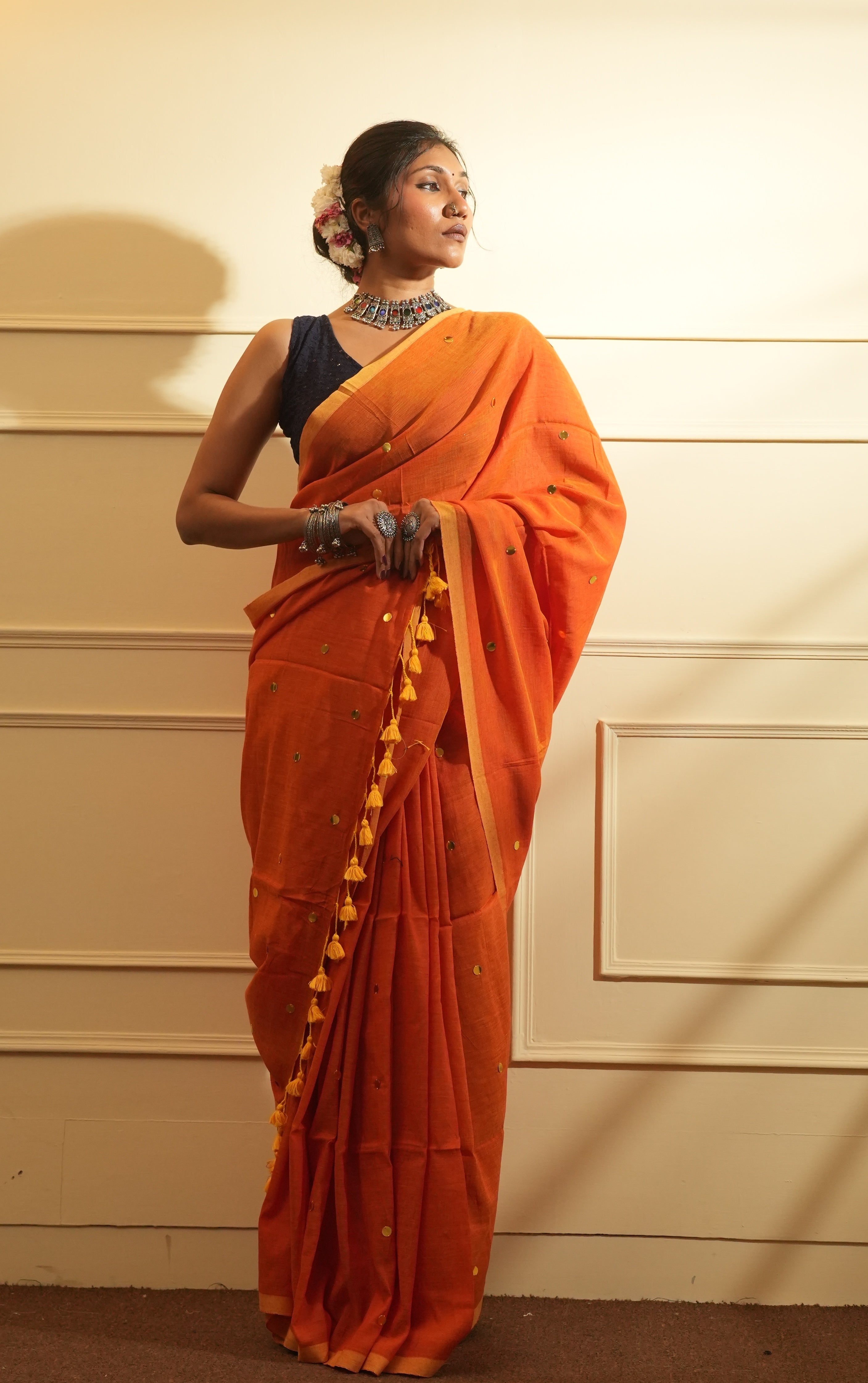 RangDhaaga Orange with Yellow Border Sequence Cotton Saree - By Shreya