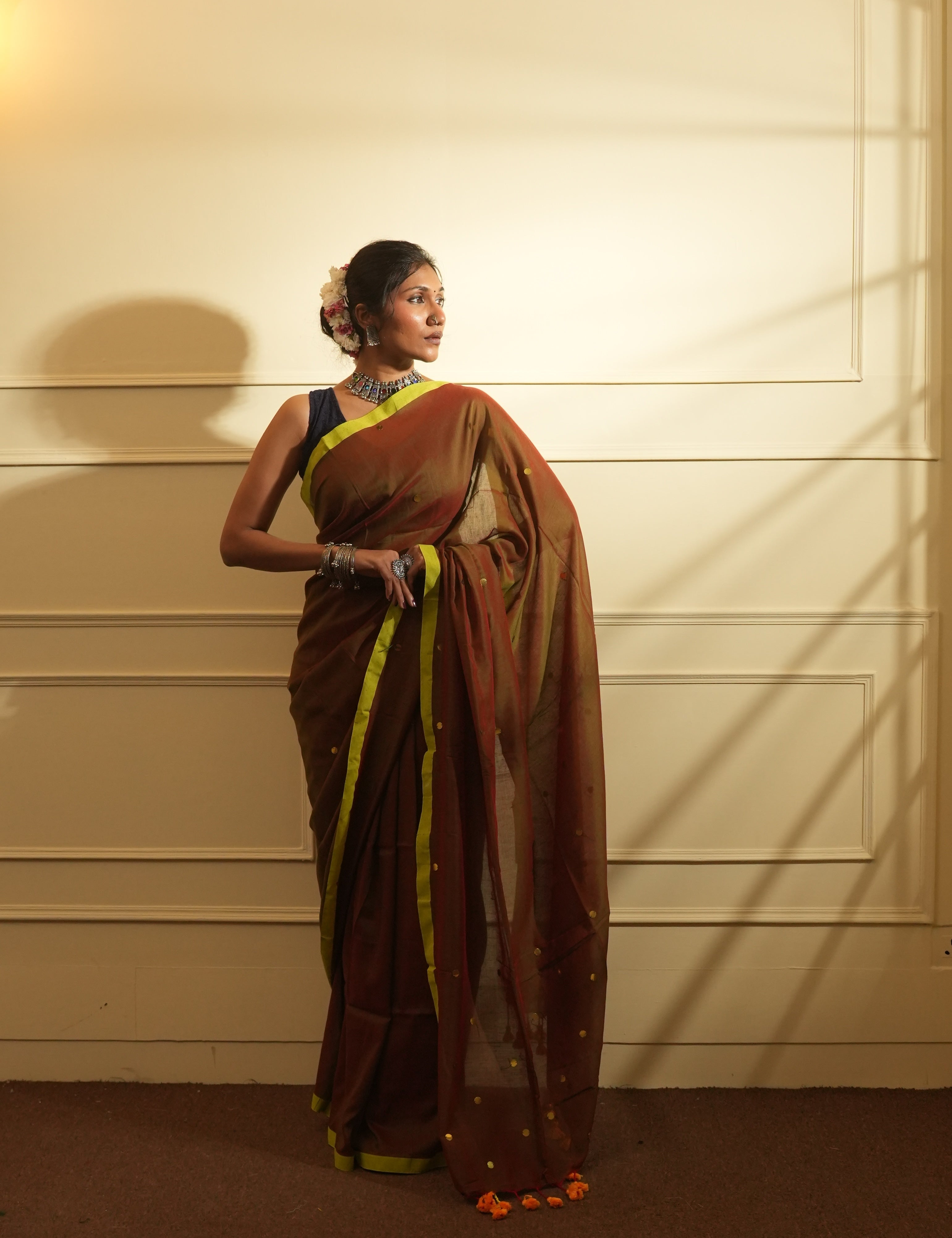 RangDhaaga Brown with Dual Tone Neon Border Sequence Cotton Saree - By Shreya