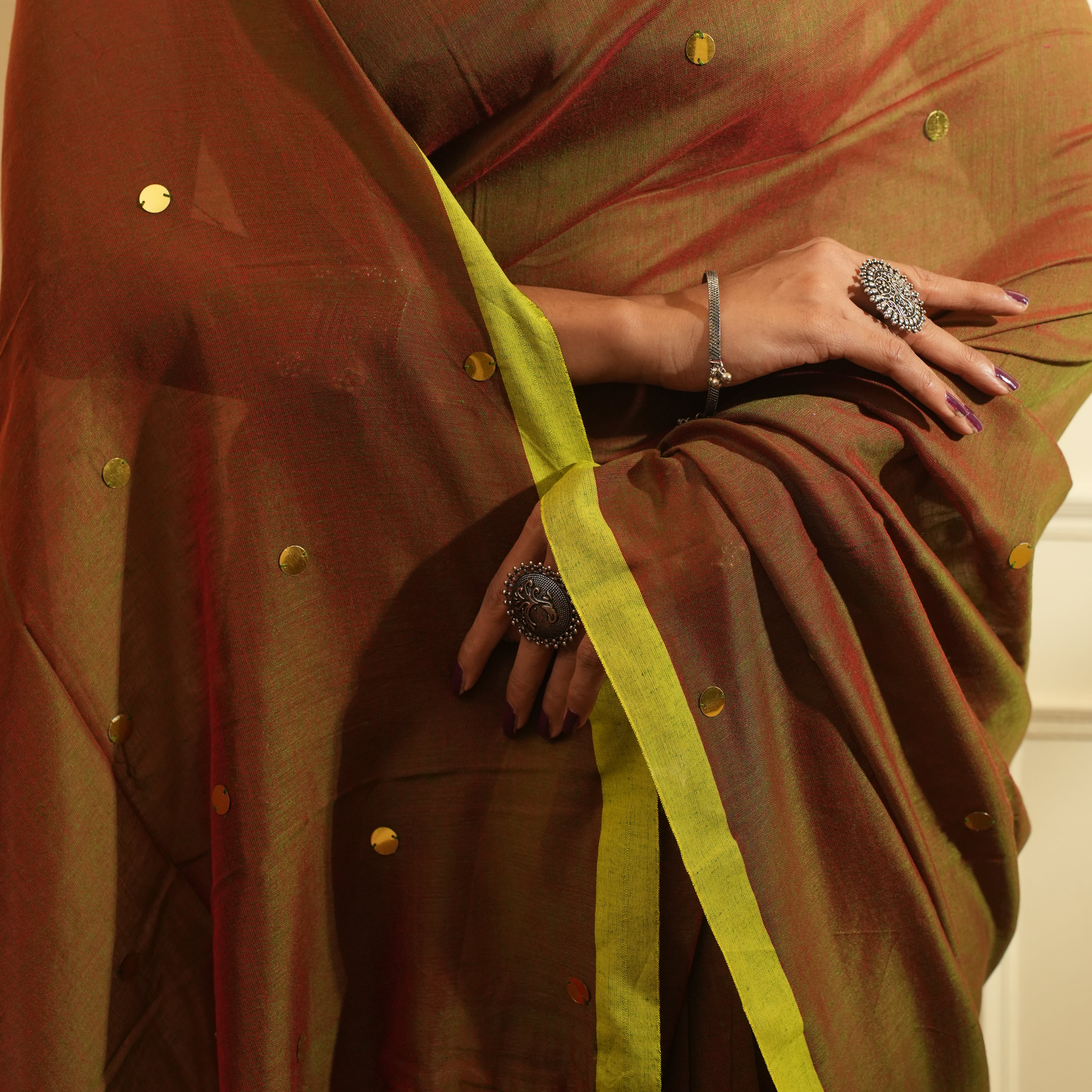 RangDhaaga Brown with Dual Tone Neon Border Sequence Cotton Saree - By Shreya