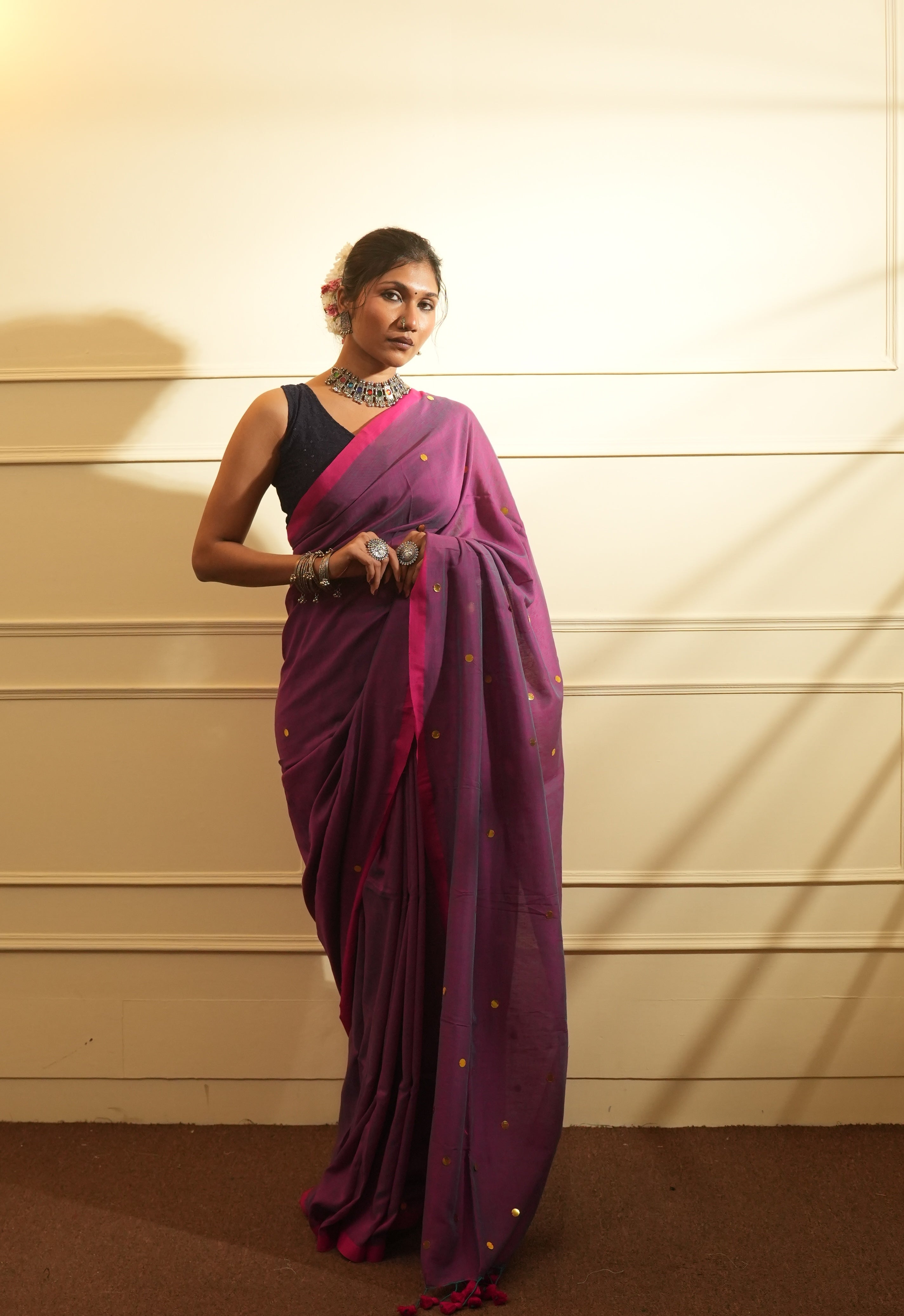 RangDhaaga Purple with Dual Tone Pink Border Sequence Cotton Saree - By Shreya