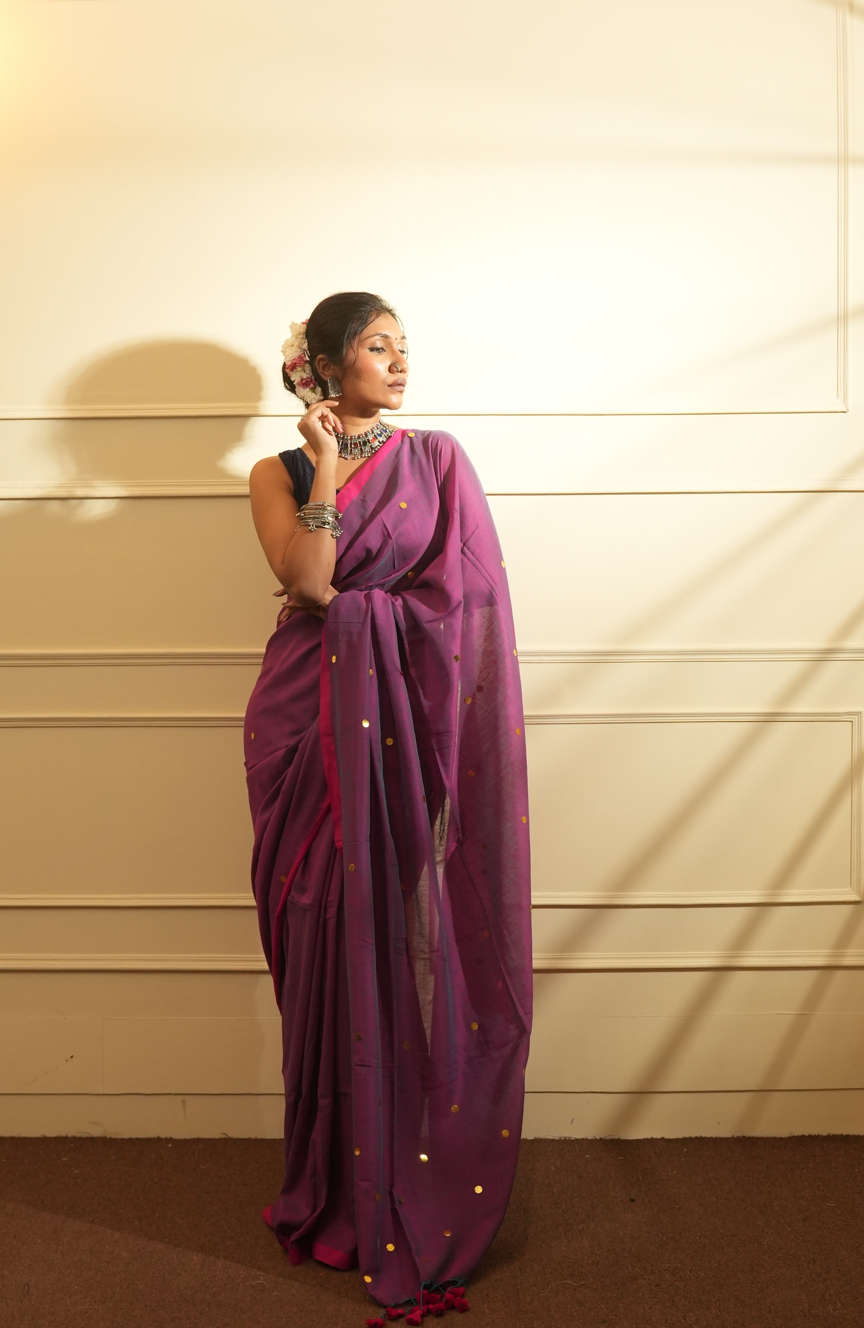 RangDhaaga Purple with Dual Tone Pink Border Sequence Cotton Saree - By Shreya