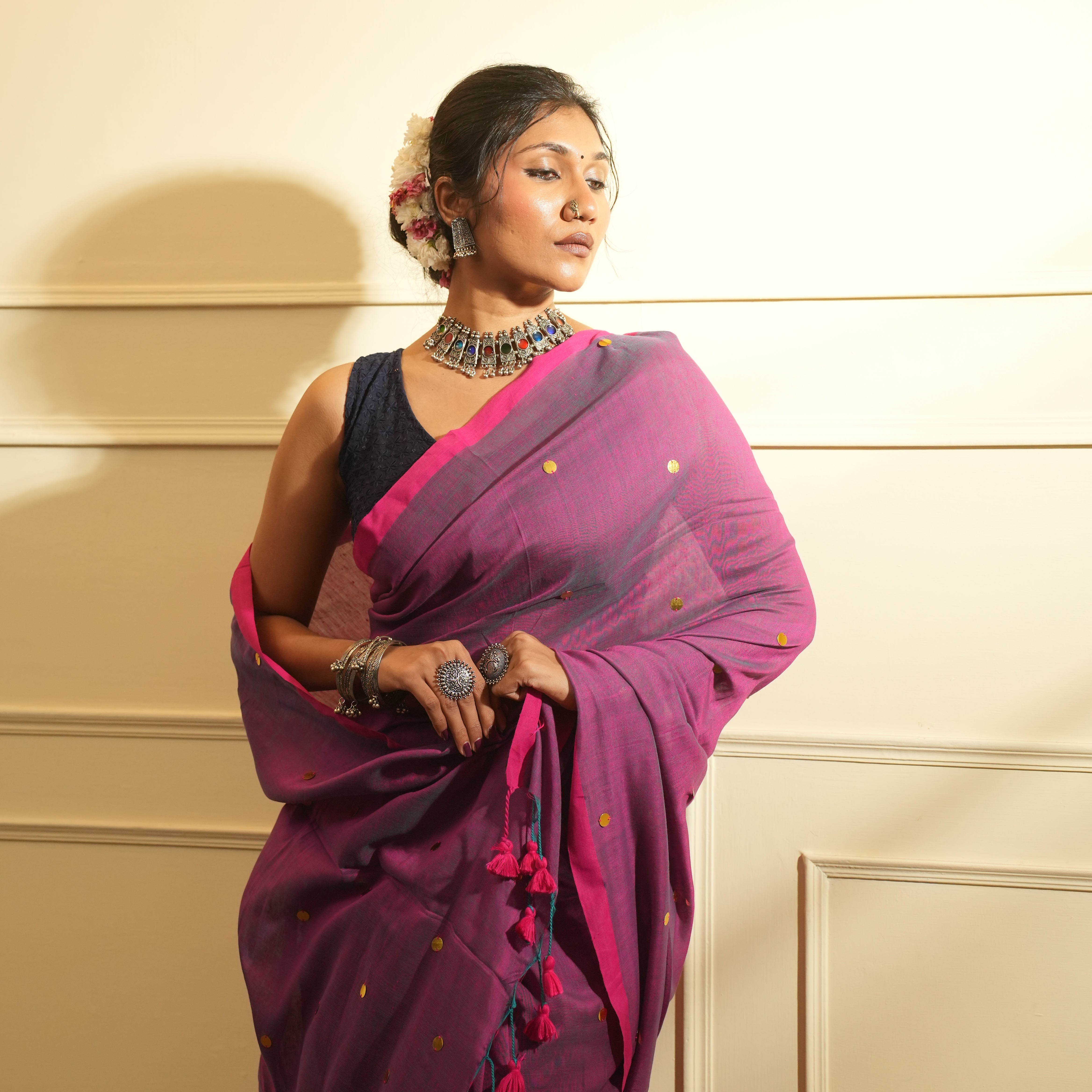 RangDhaaga Purple with Dual Tone Pink Border Sequence Cotton Saree - By Shreya