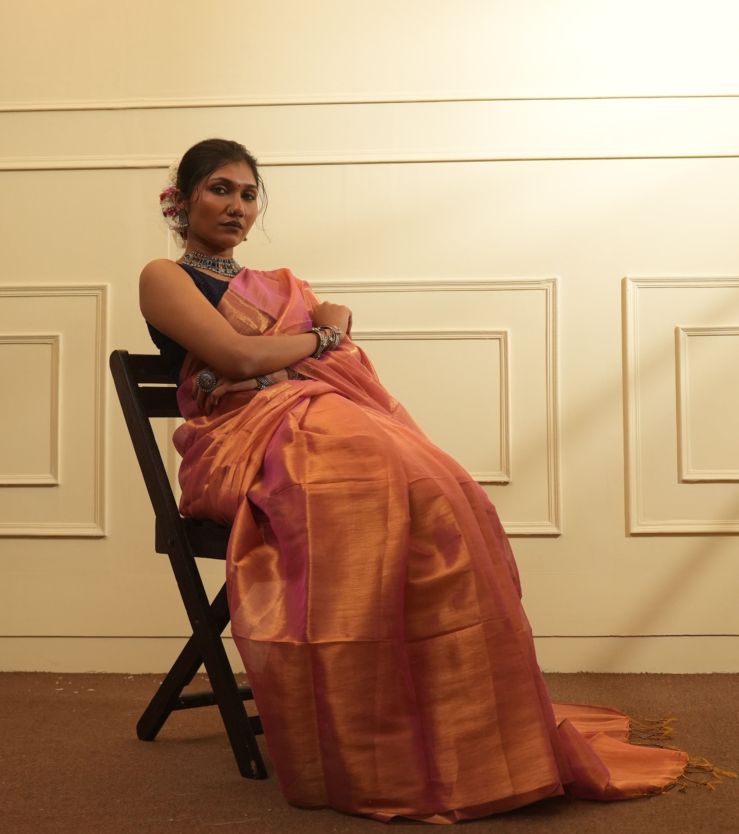 RangDhaaga Rose Pink With Golden Dual Tone Raga Tissue Saree - By Shreya