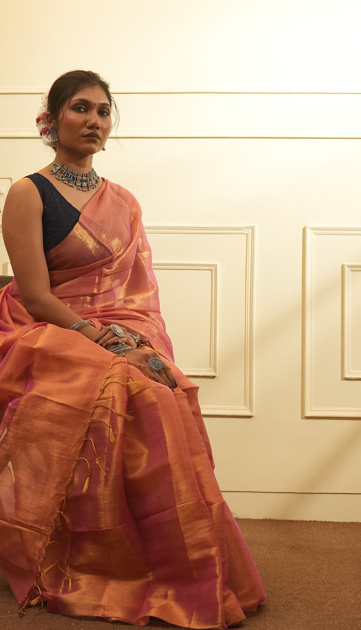 RangDhaaga Rose Pink With Golden Dual Tone Raga Tissue Saree - By Shreya