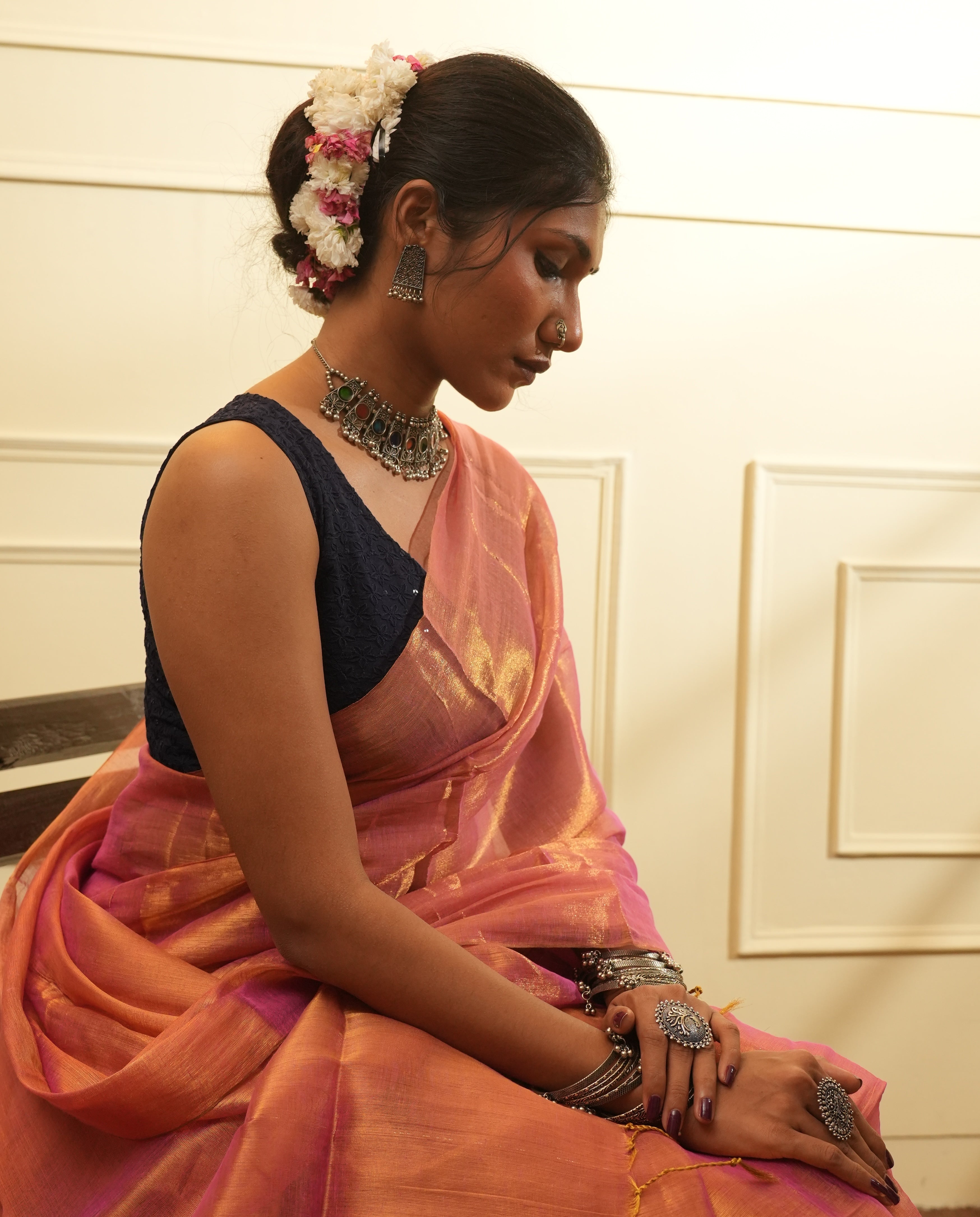 RangDhaaga Rose Pink With Golden Dual Tone Raga Tissue Saree - By Shreya