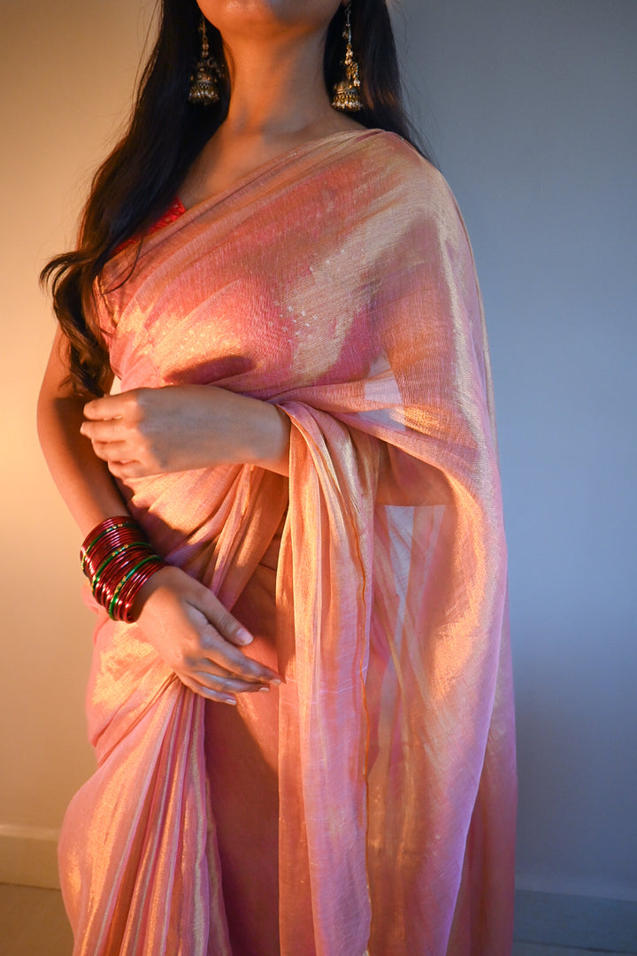 RangDhaaga Rose Pink With Golden Dual Tone Raga Tissue Saree