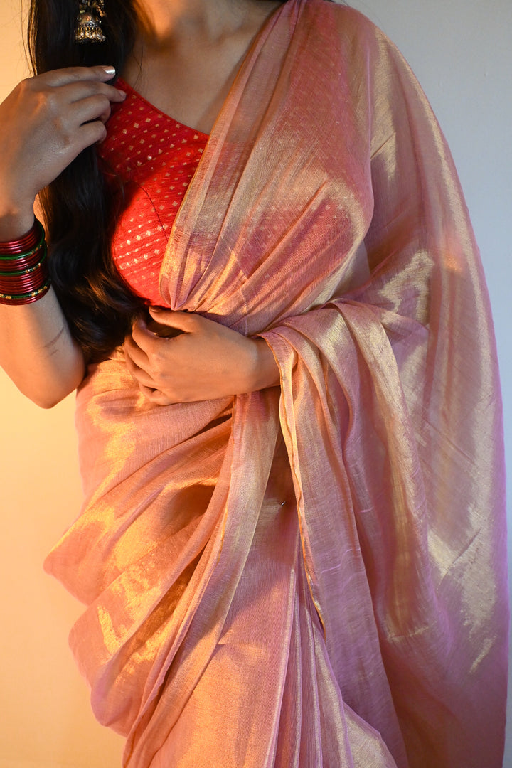 RangDhaaga Rose Pink With Golden Dual Tone Raga Tissue Saree