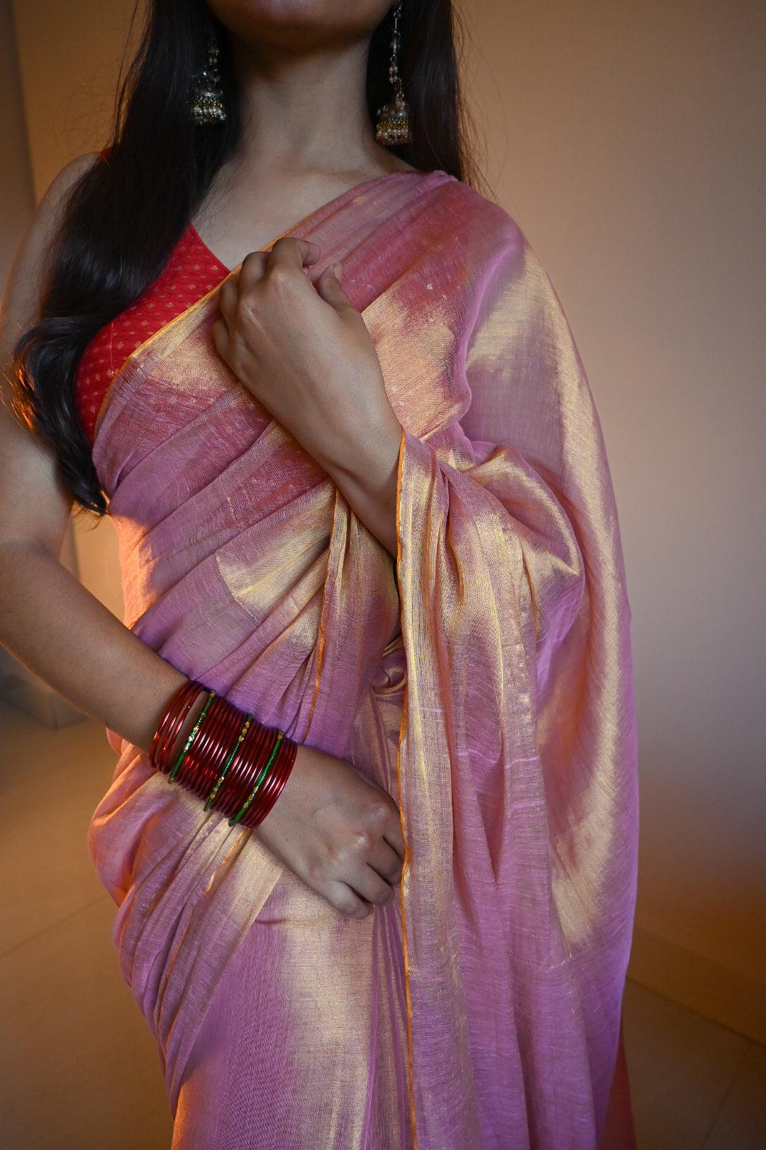 RangDhaaga Rose Pink With Golden Dual Tone Raga Tissue Saree