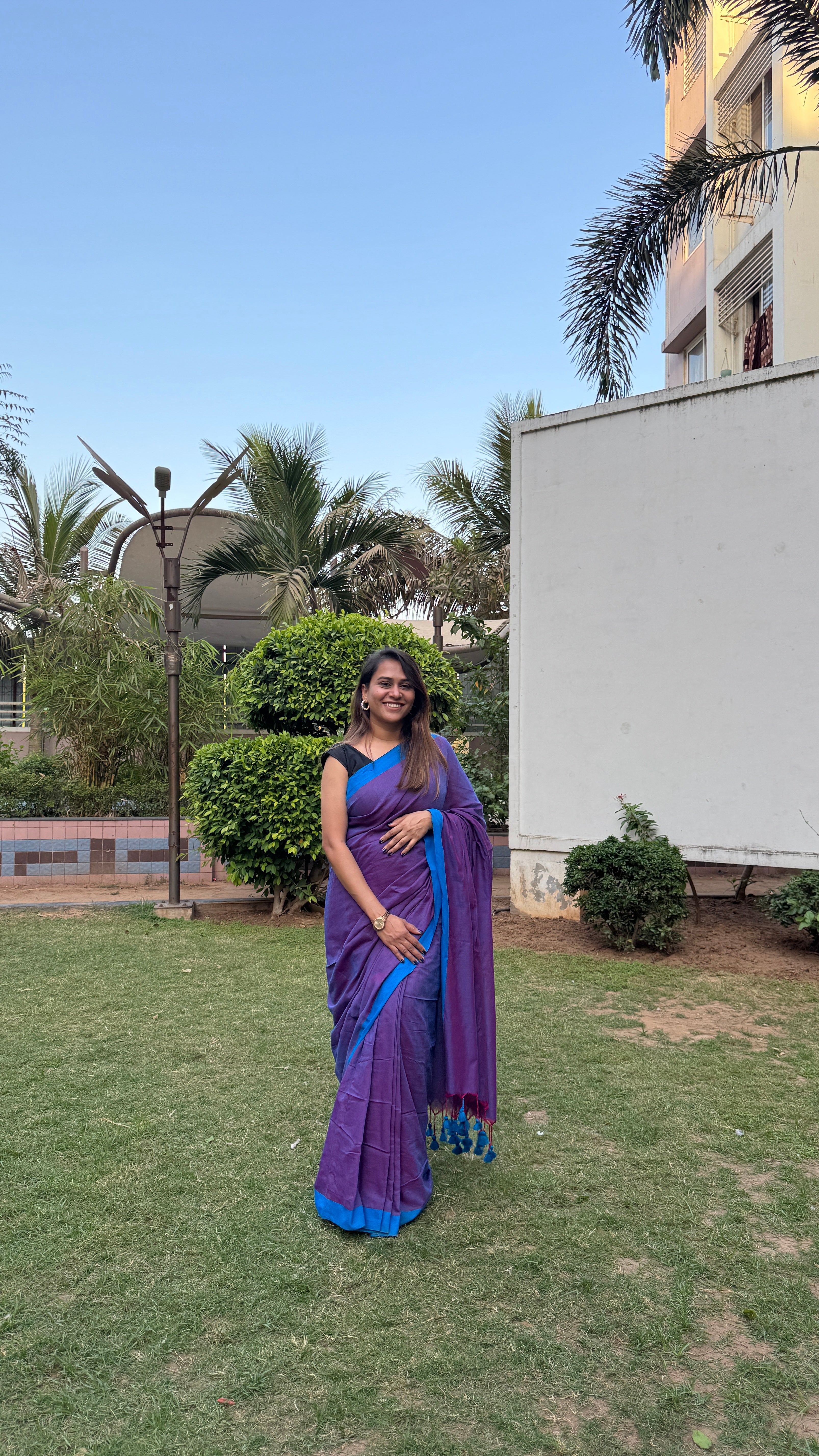 Rangdhaaga Purple contrast blue border cotton saree by Zarna