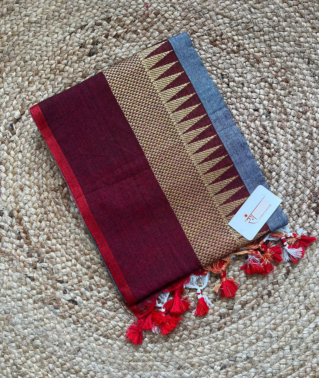 RangDhaaga Grey with Maroon temple Border saree