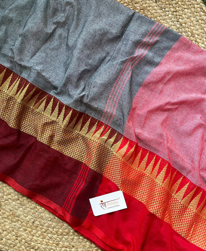 RangDhaaga Grey with Maroon temple Border saree