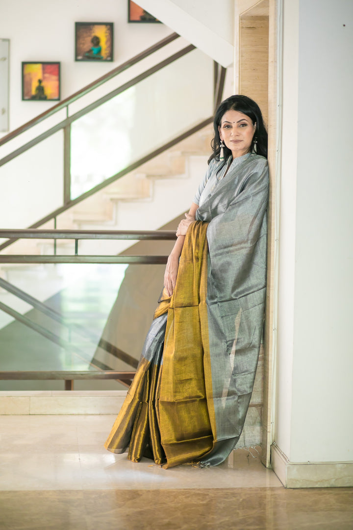 RangDhaaga Mustard Glow with Silver Sparkle Raga Tissue Saree