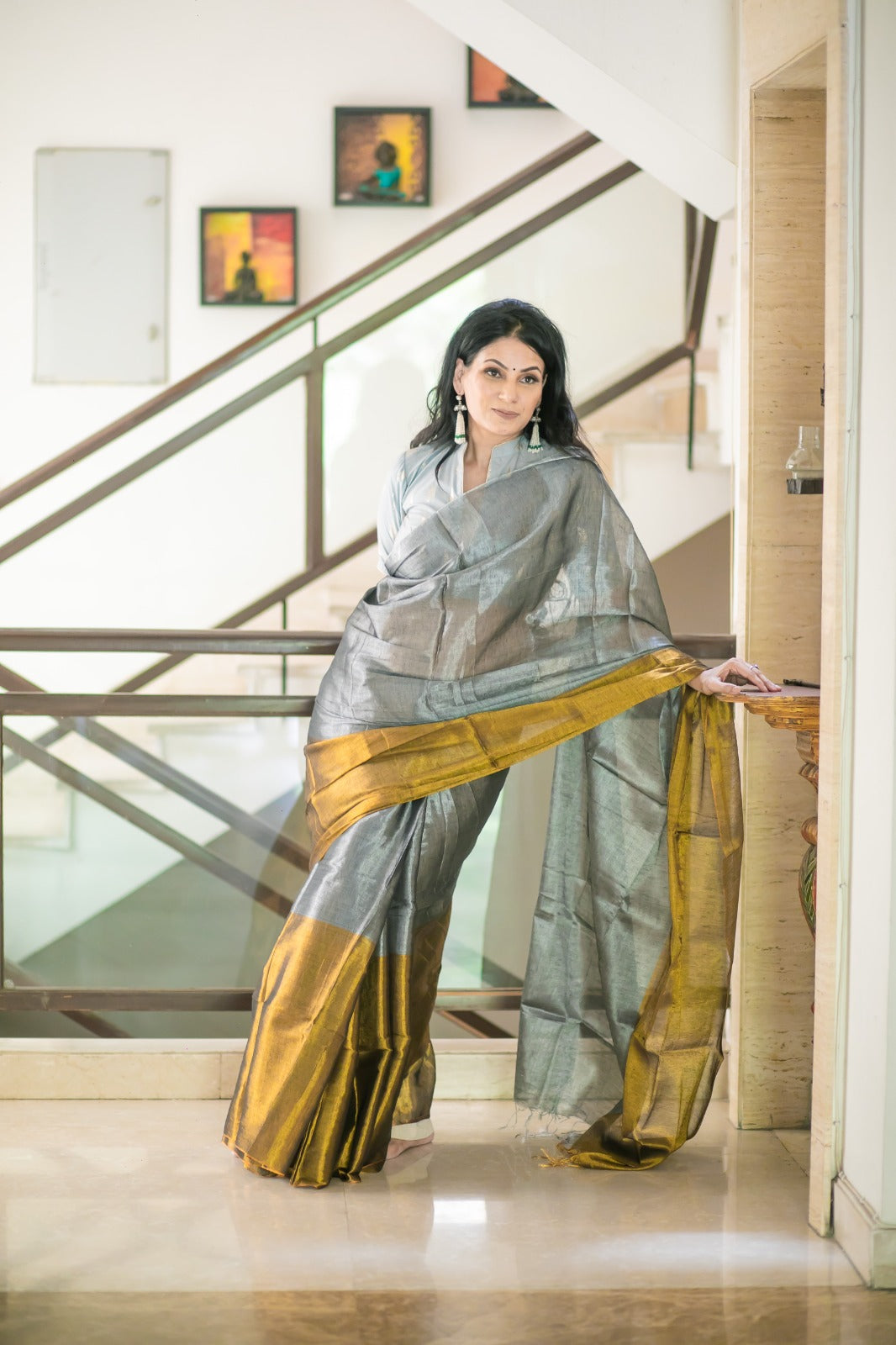 RangDhaaga Mustard Glow with Silver Sparkle Raga Tissue Saree