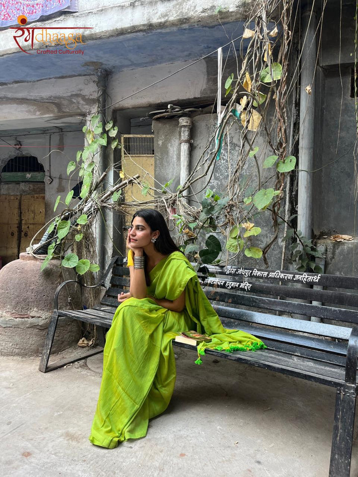 Parrot Green Khadi Cotton Saree