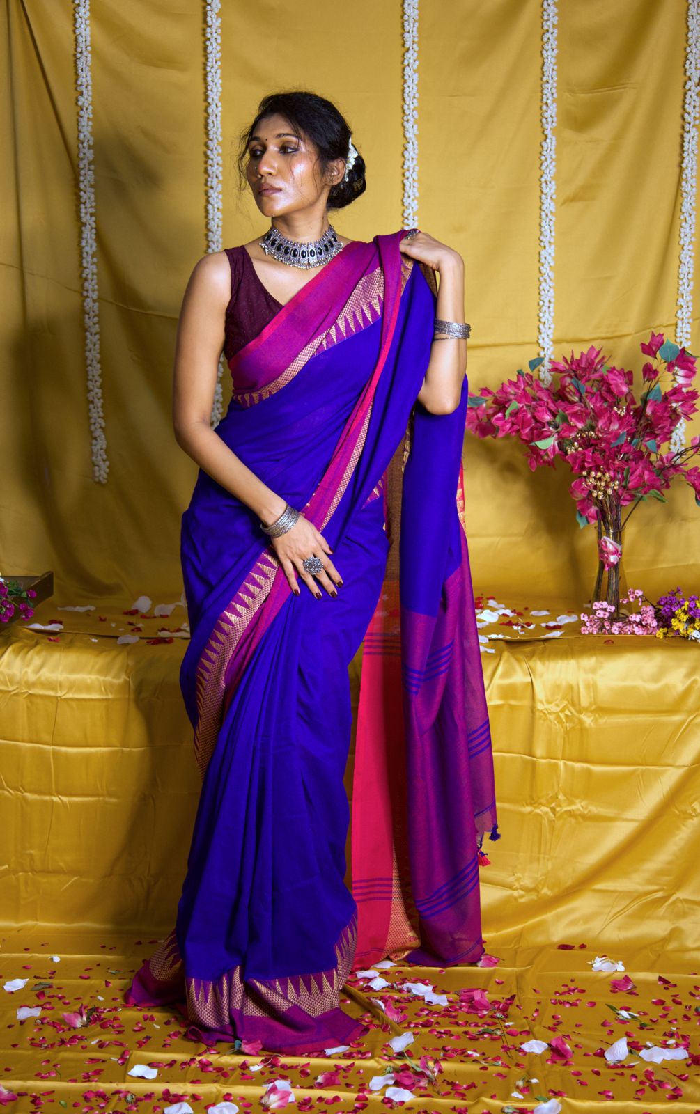 RangDhaaga Royal Blue with Pink temple Border saree