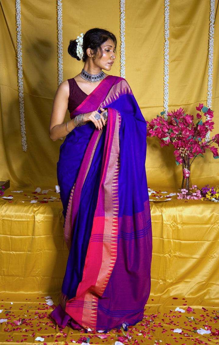 RangDhaaga Royal Blue with Pink temple Border saree