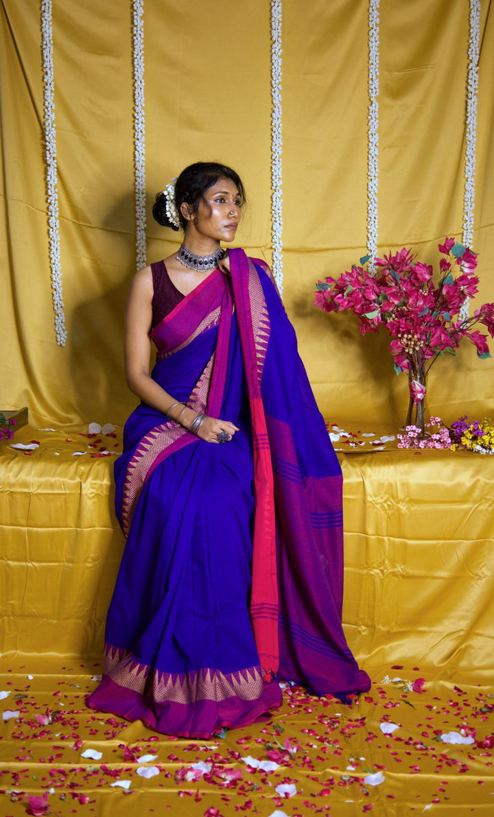 RangDhaaga Royal Blue with Pink temple Border saree