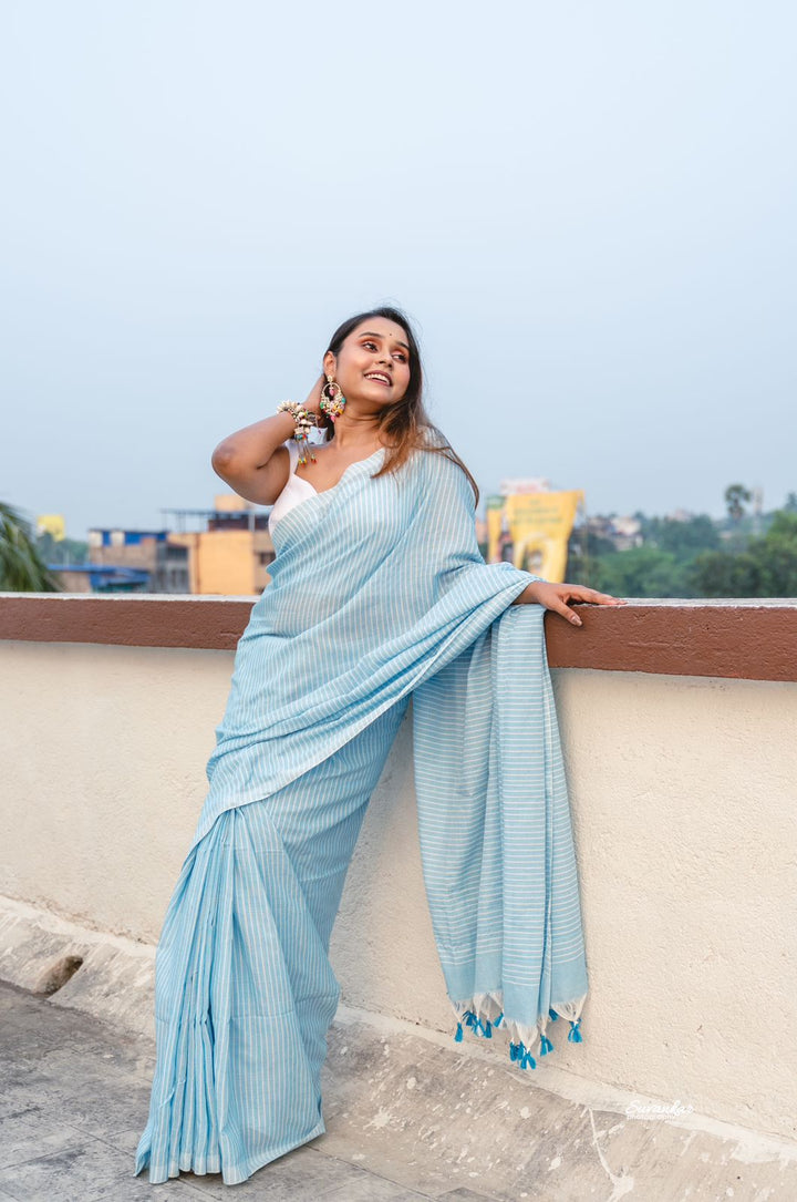 Rangdhaaga Sky Blue White Lining Cotton Saree