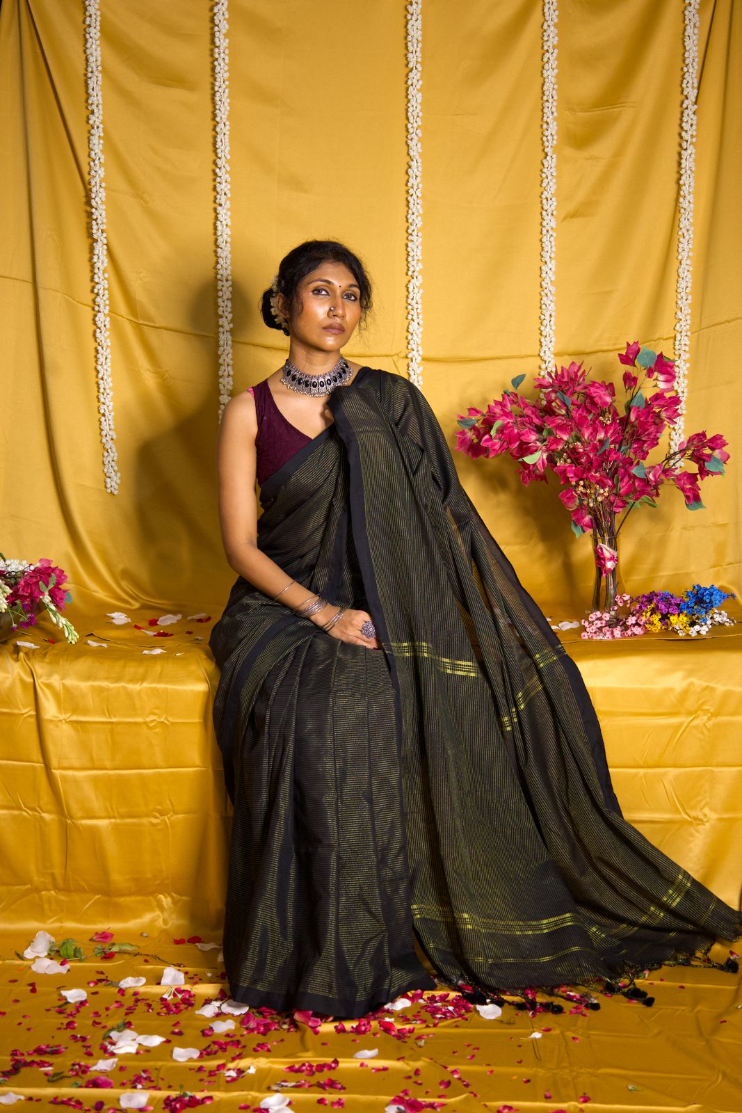 Rangdhaaga Black Golden Zari Lining Khadi Cotton Saree