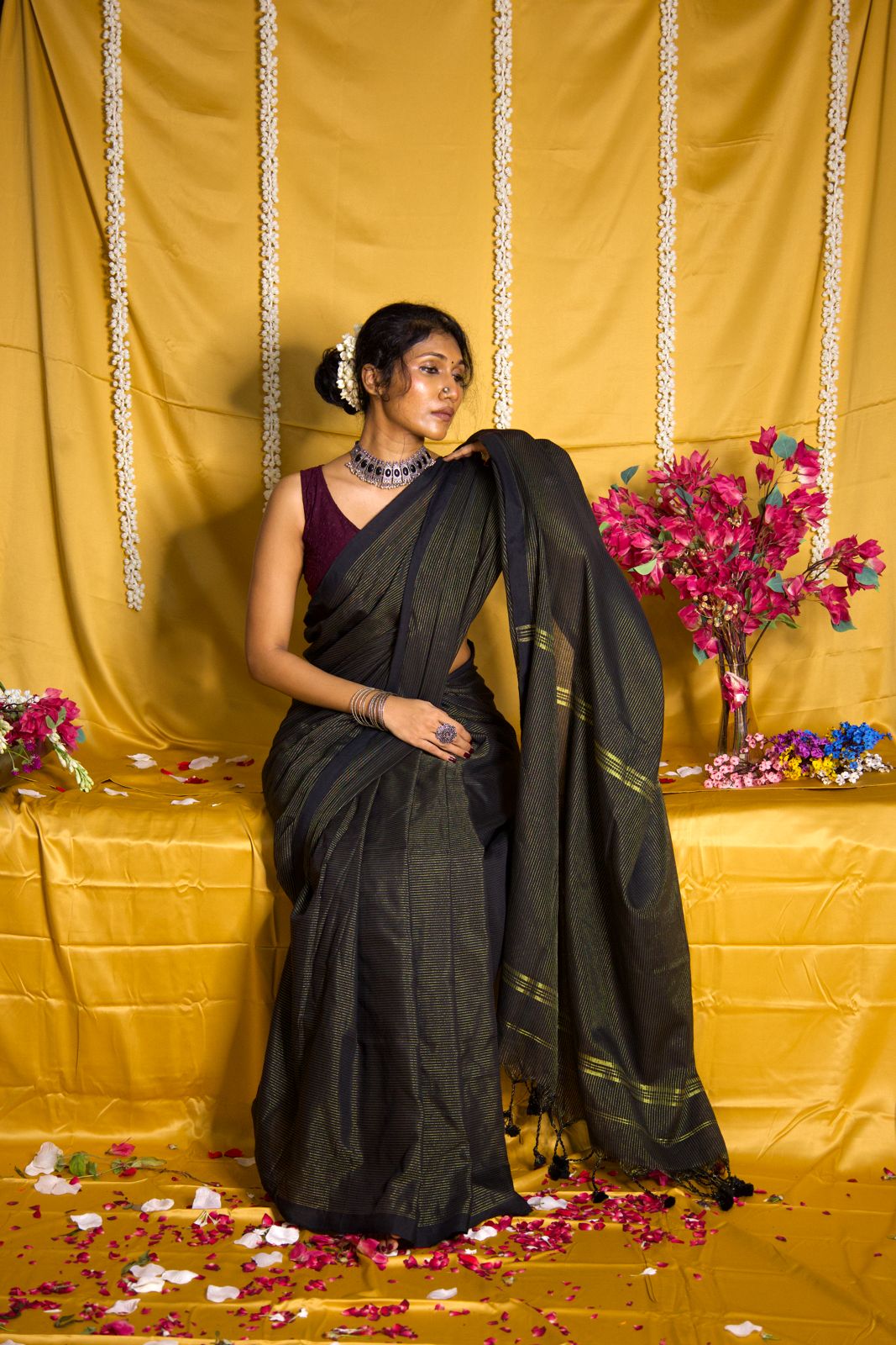 Rangdhaaga Black Golden Zari Lining Khadi Cotton Saree