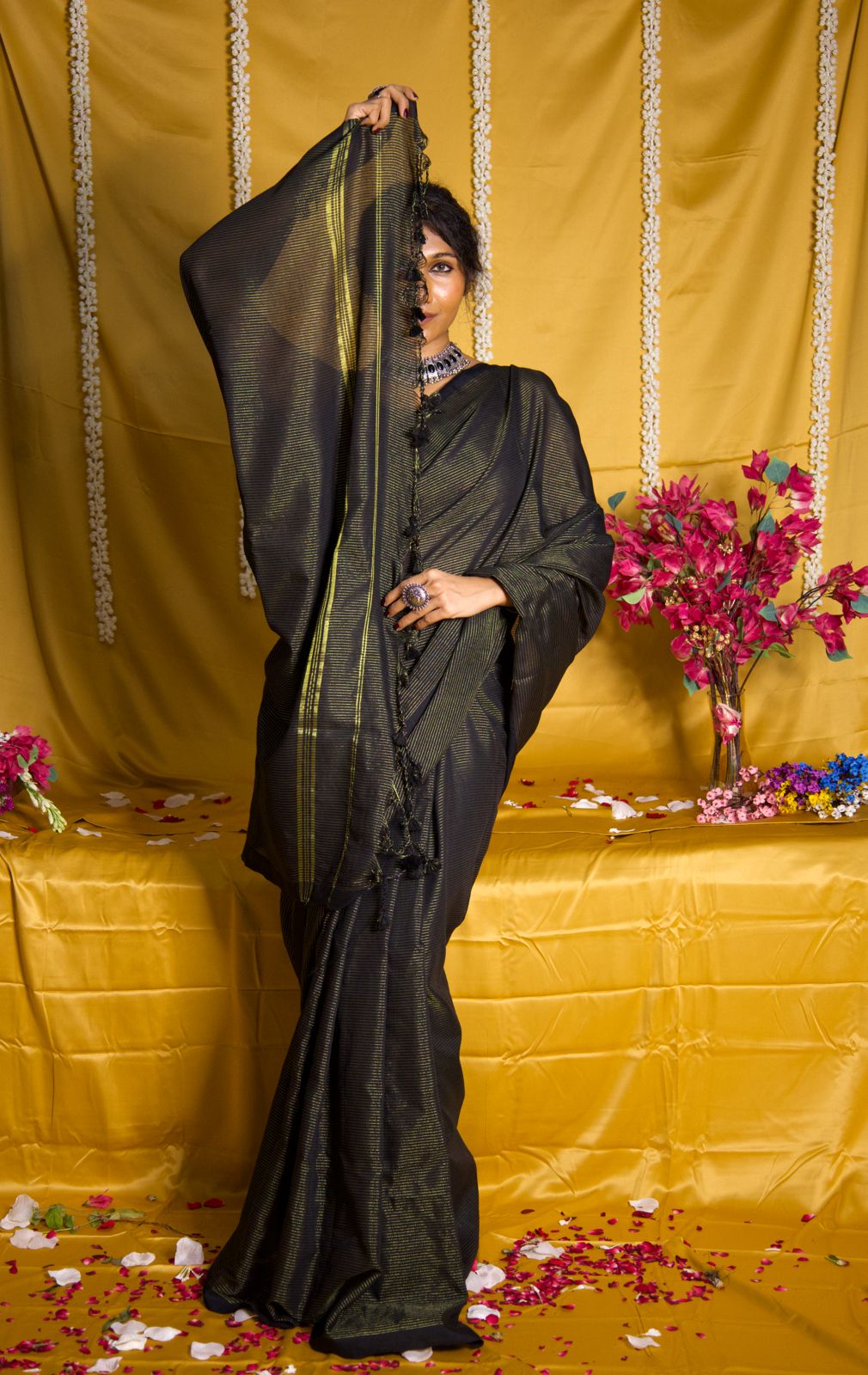 Rangdhaaga Black Golden Zari Lining Khadi Cotton Saree